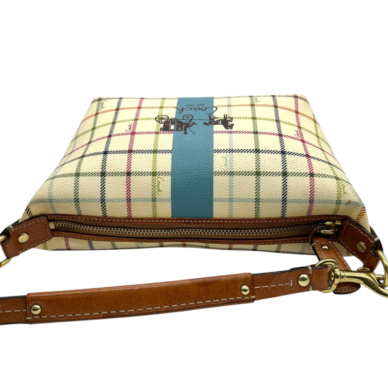 コーチ COACH タッターソール チェック柄 アクセサリーポーチ ハンドバッグ ミニバッグ 41879 マルチカラー PVC レザー 本革 ホワイト クリーム 系 馬車ロゴ ホースアンドキャリッジ 軽量 ランチトート サブバッグ レディース s2