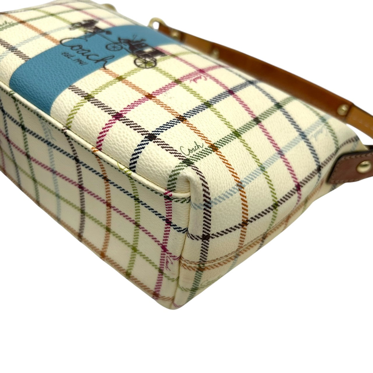 コーチ COACH タッターソール チェック柄 アクセサリーポーチ ハンドバッグ ミニバッグ 41879 マルチカラー PVC レザー 本革 ホワイト クリーム 系 馬車ロゴ ホースアンドキャリッジ 軽量 ランチトート サブバッグ レディース s2