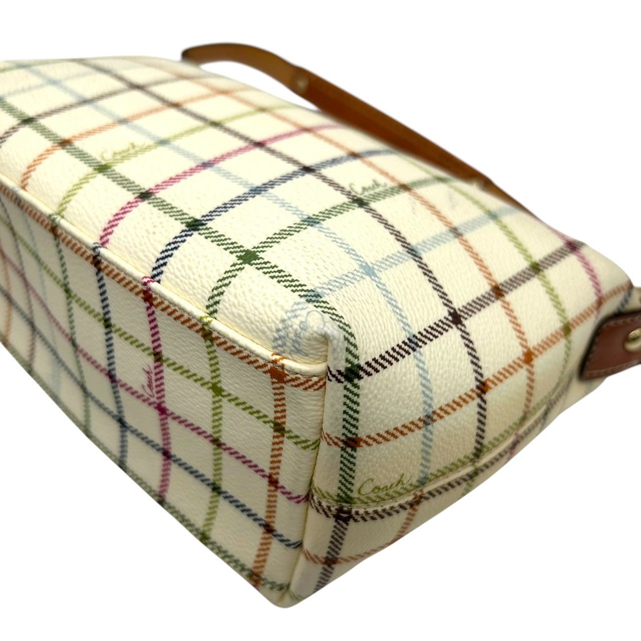 コーチ COACH タッターソール チェック柄 アクセサリーポーチ ハンドバッグ ミニバッグ 41879 マルチカラー PVC レザー 本革 ホワイト クリーム 系 馬車ロゴ ホースアンドキャリッジ 軽量 ランチトート サブバッグ レディース s2