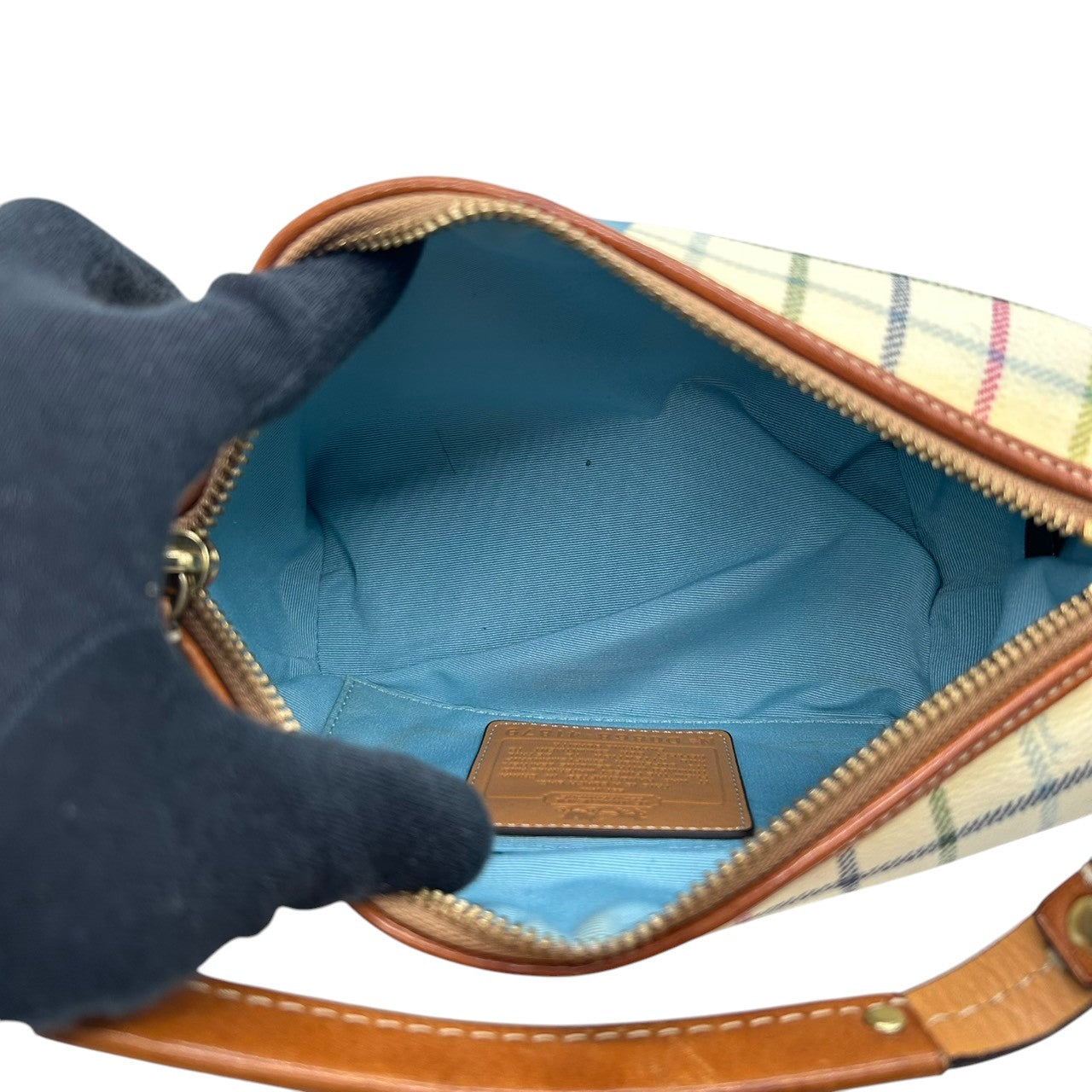 コーチ COACH タッターソール チェック柄 アクセサリーポーチ ハンドバッグ ミニバッグ 41879 マルチカラー PVC レザー 本革 ホワイト クリーム 系 馬車ロゴ ホースアンドキャリッジ 軽量 ランチトート サブバッグ レディース s2