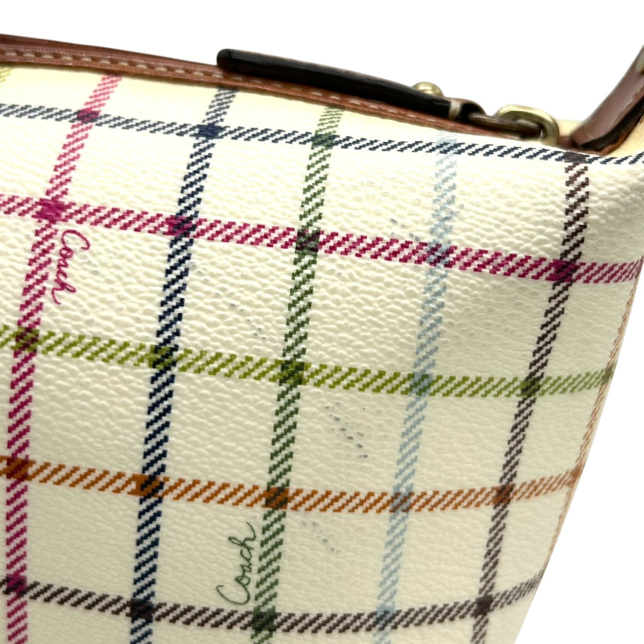 コーチ COACH タッターソール チェック柄 アクセサリーポーチ ハンドバッグ ミニバッグ 41879 マルチカラー PVC レザー 本革 ホワイト クリーム 系 馬車ロゴ ホースアンドキャリッジ 軽量 ランチトート サブバッグ レディース s2
