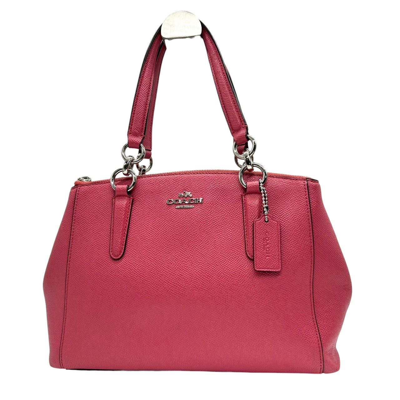 美品 コーチ COACH ミニ クリスティー キャリーオール F57523 2WAY ショルダーバッグ ハンドバッグ クロスグレインレザー 本革 ピンク フューシャ 斜め掛け クロスボディ シルバー金具 ロゴ チャーム付 レディース s2