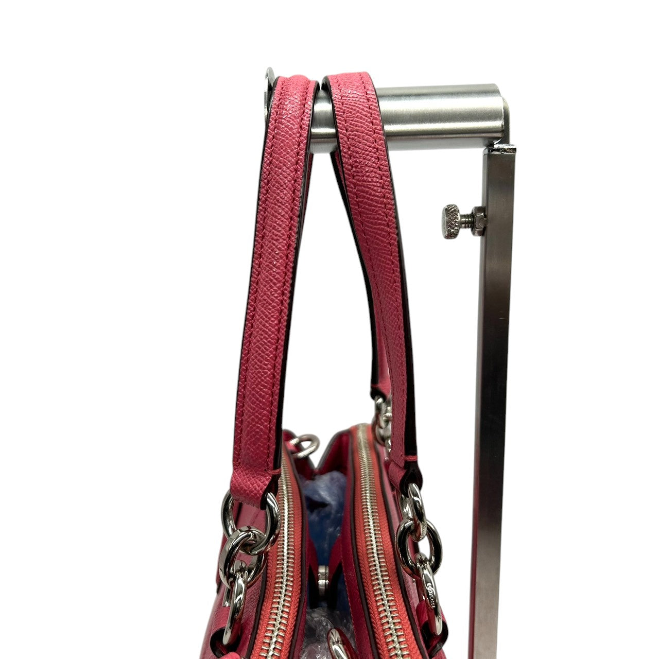 美品 コーチ COACH ミニ クリスティー キャリーオール F57523 2WAY ショルダーバッグ ハンドバッグ クロスグレインレザー 本革 ピンク フューシャ 斜め掛け クロスボディ シルバー金具 ロゴ チャーム付 レディース s2