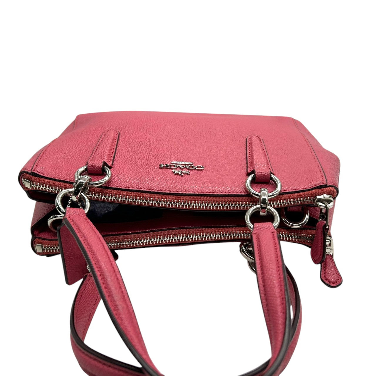 美品 コーチ COACH ミニ クリスティー キャリーオール F57523 2WAY ショルダーバッグ ハンドバッグ クロスグレインレザー 本革 ピンク フューシャ 斜め掛け クロスボディ シルバー金具 ロゴ チャーム付 レディース s2