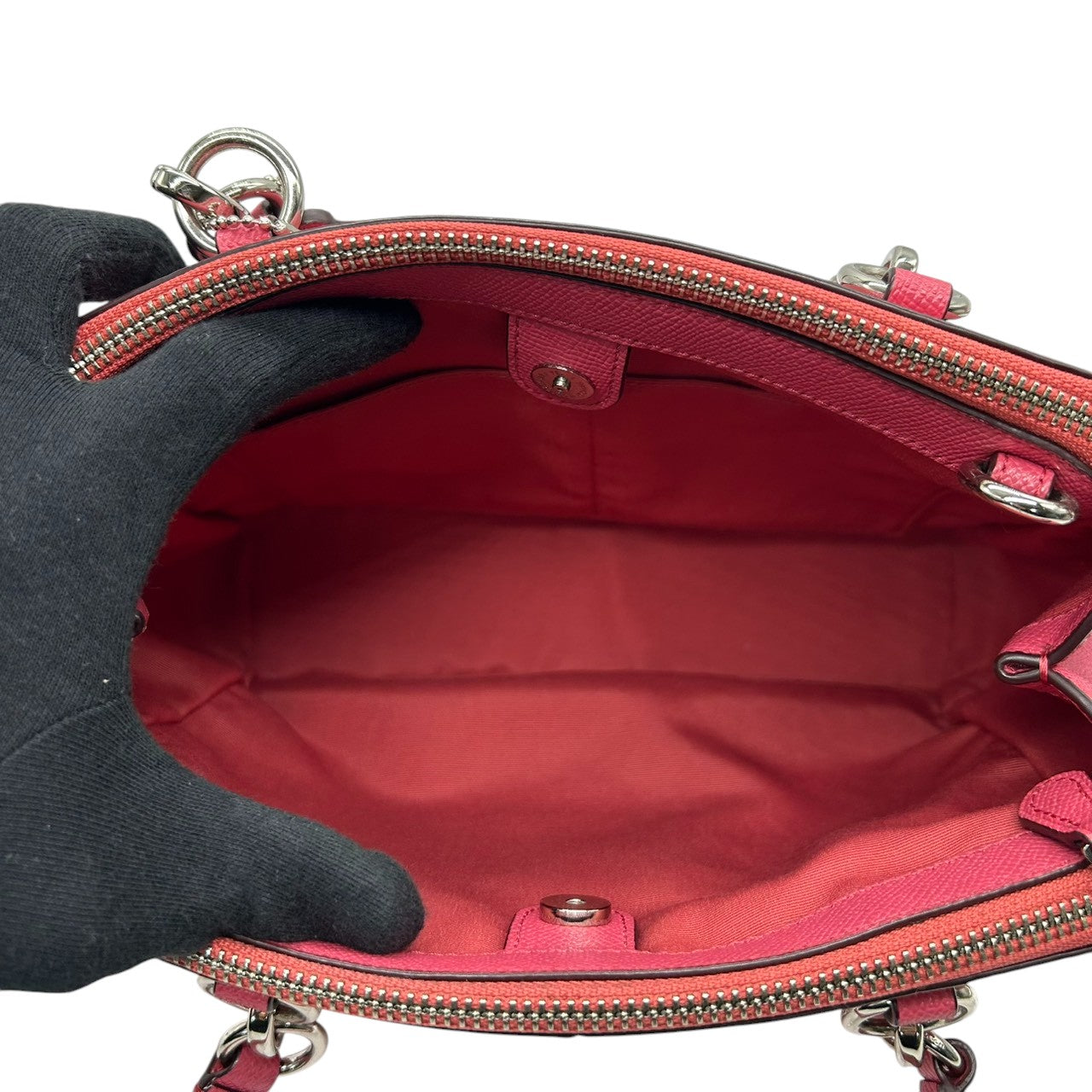 美品 コーチ COACH ミニ クリスティー キャリーオール F57523 2WAY ショルダーバッグ ハンドバッグ クロスグレインレザー 本革 ピンク フューシャ 斜め掛け クロスボディ シルバー金具 ロゴ チャーム付 レディース s2