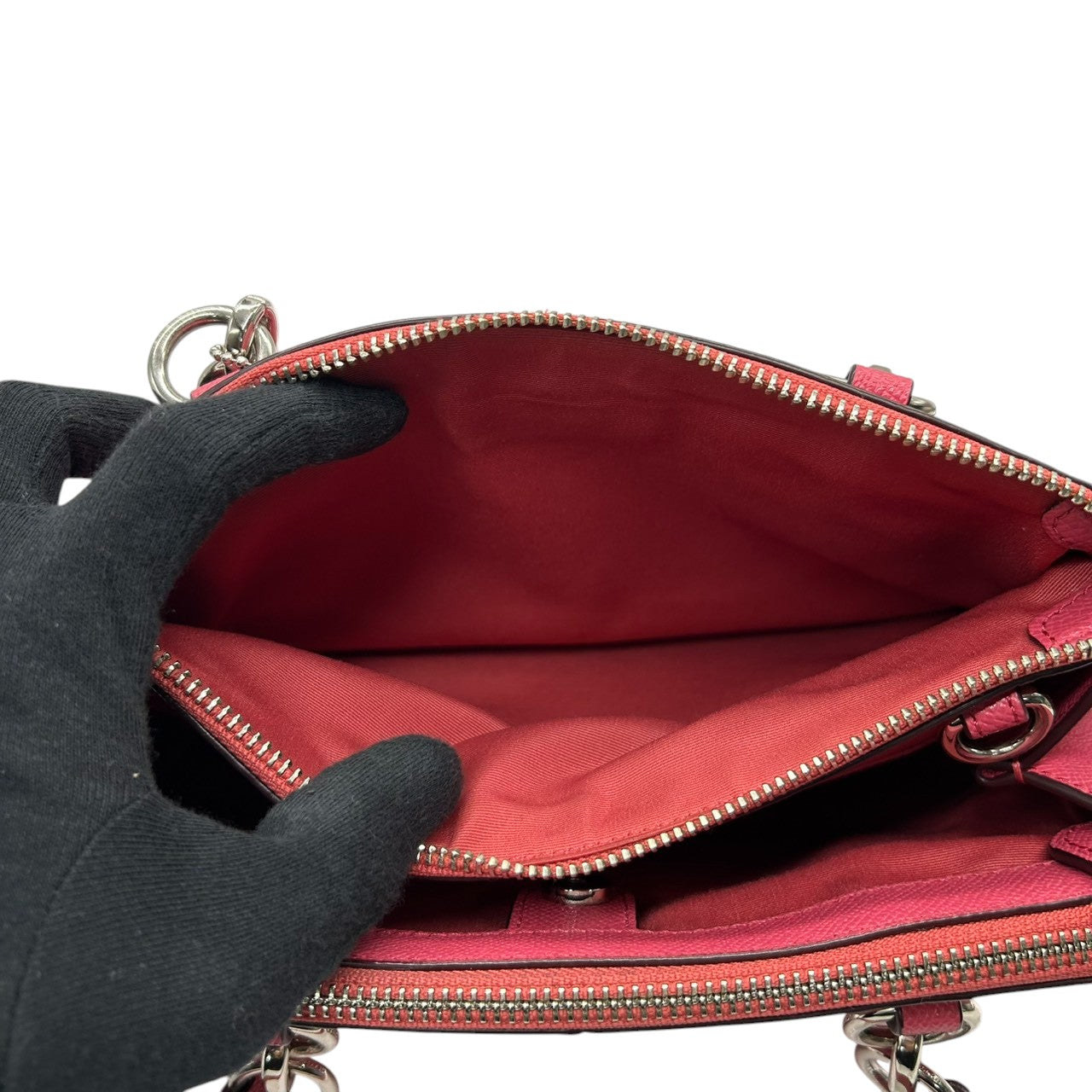 美品 コーチ COACH ミニ クリスティー キャリーオール F57523 2WAY ショルダーバッグ ハンドバッグ クロスグレインレザー 本革 ピンク フューシャ 斜め掛け クロスボディ シルバー金具 ロゴ チャーム付 レディース s2