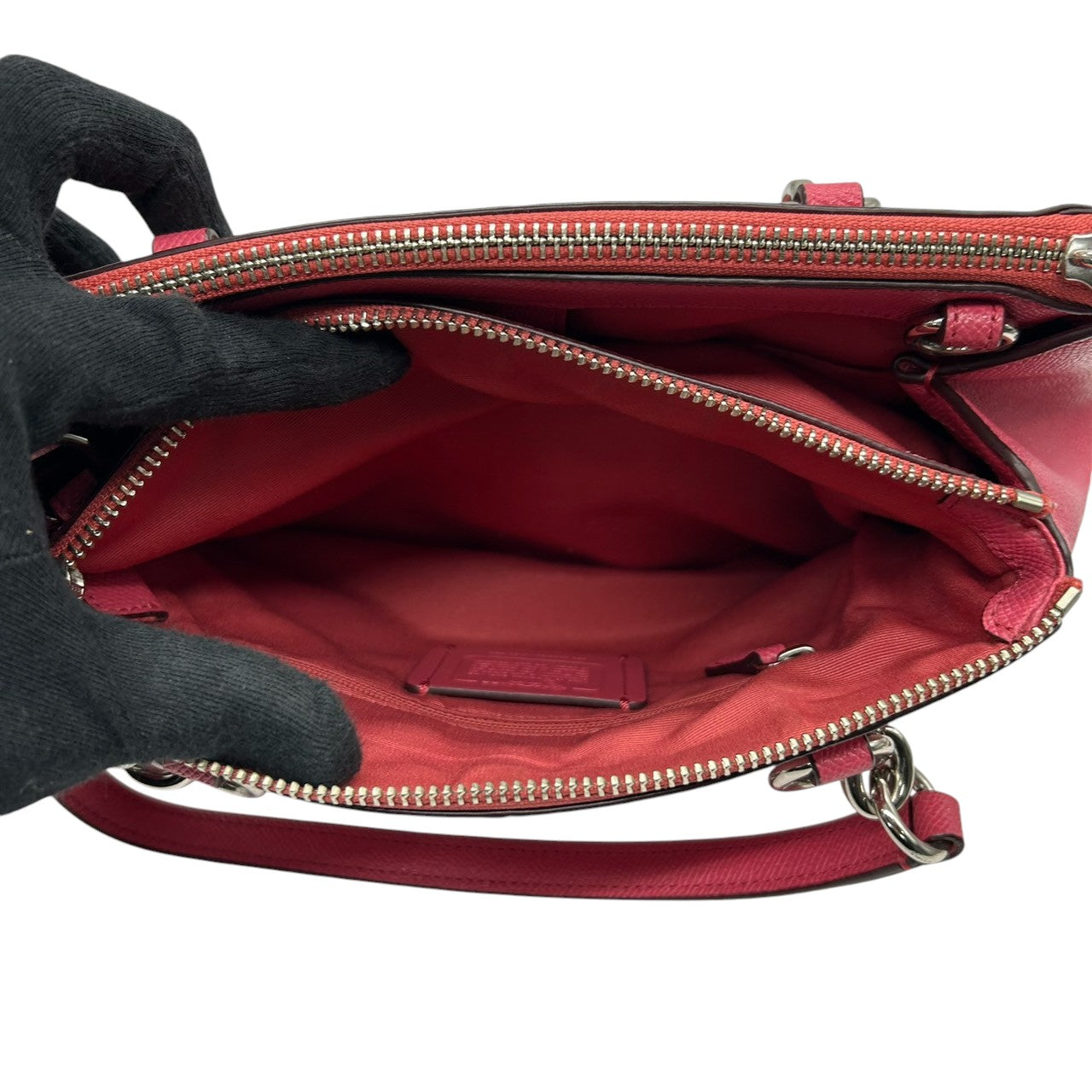 美品 コーチ COACH ミニ クリスティー キャリーオール F57523 2WAY ショルダーバッグ ハンドバッグ クロスグレインレザー 本革 ピンク フューシャ 斜め掛け クロスボディ シルバー金具 ロゴ チャーム付 レディース s2