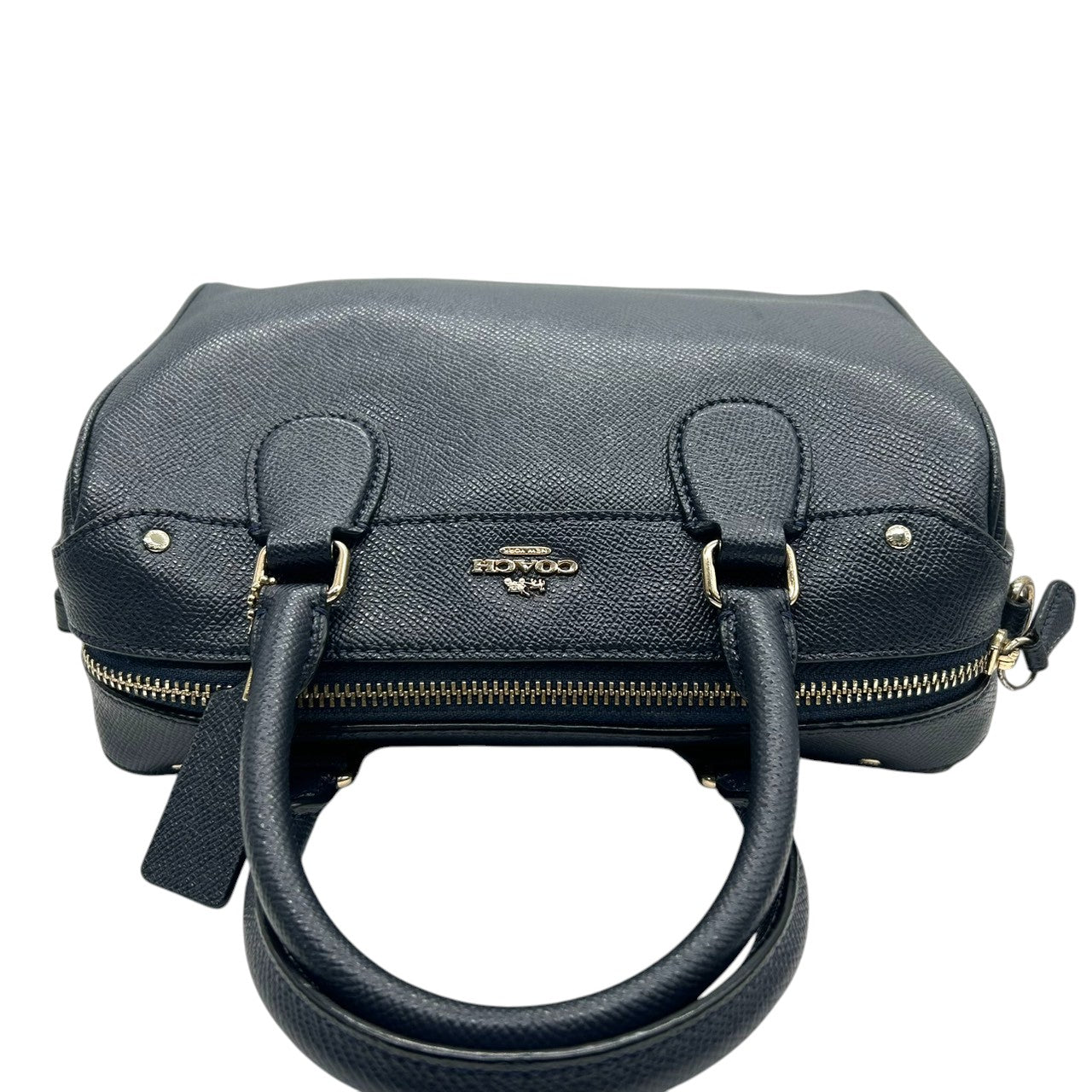 美品 コーチ COACH ミニ ベネット サッチェル 2WAY ショルダーバッグ ハンドバッグ ミニボストン F57521 クロスグレインレザー 本革 ネイビー 紺 ミッドナイト ゴールド金具 斜め掛け クロスボディ レディース 通勤 通学 E6