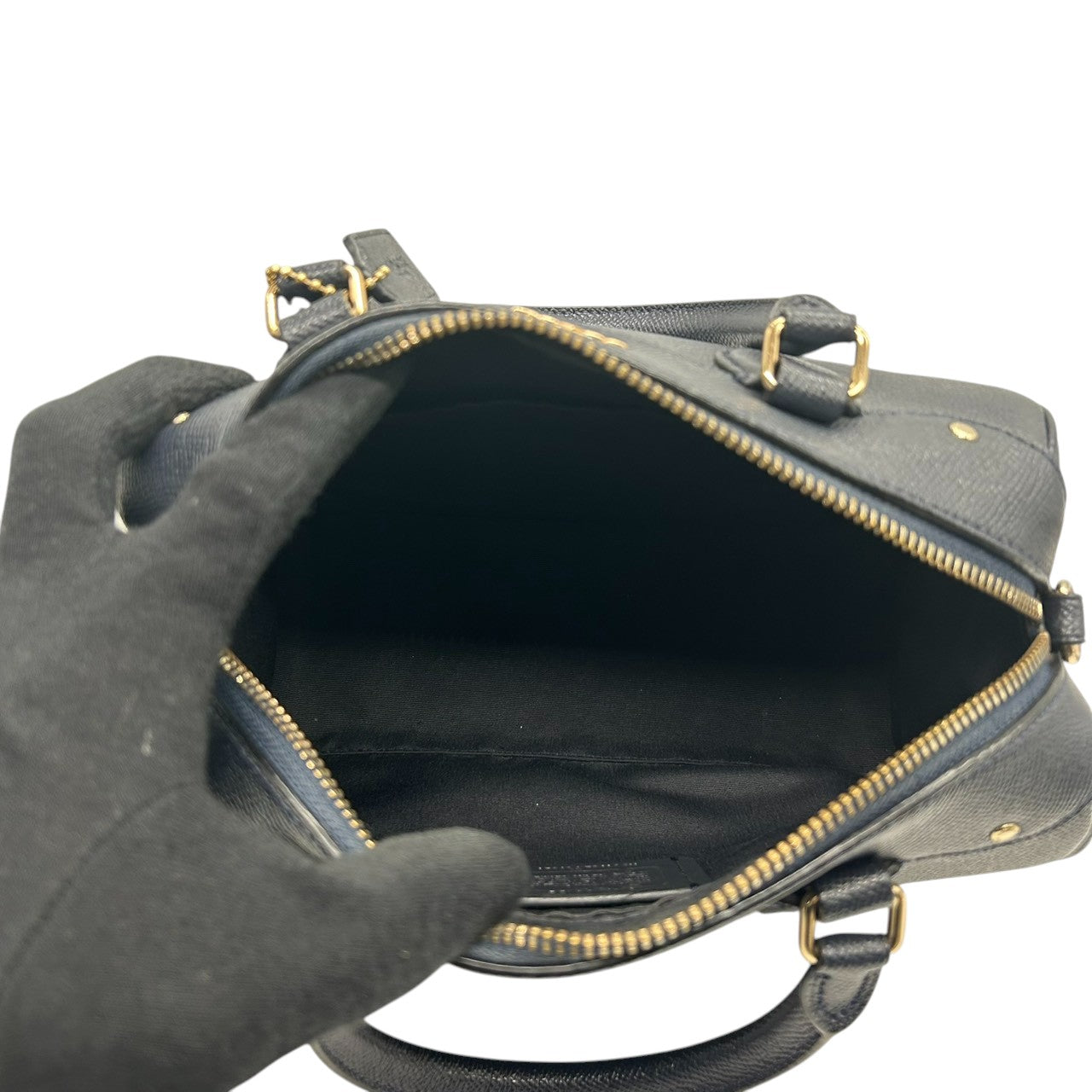 美品 コーチ COACH ミニ ベネット サッチェル 2WAY ショルダーバッグ ハンドバッグ ミニボストン F57521 クロスグレインレザー 本革 ネイビー 紺 ミッドナイト ゴールド金具 斜め掛け クロスボディ レディース 通勤 通学 E6