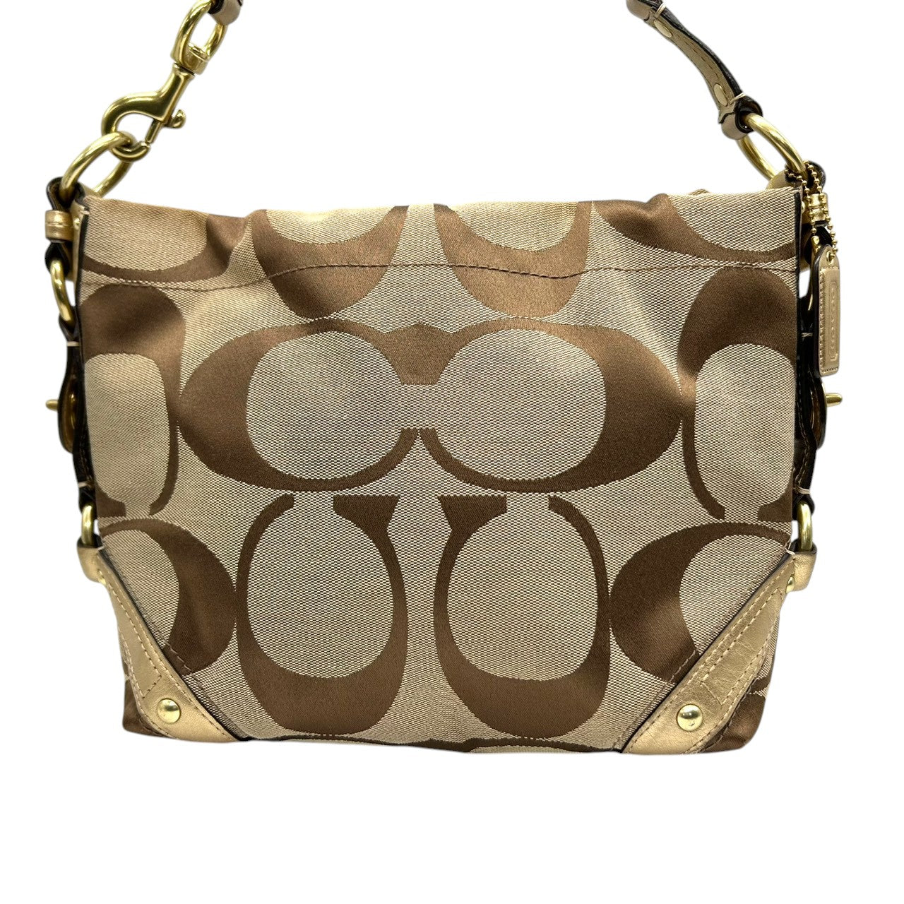 【美品】コーチ COACH ゾーイ ショルダーバッグ ハンドバッグ ホーボーバッグ 肩掛け シグネチャー オプアート キャンバス メタリックレザー ゴールド ベージュ レディース チャーム付 軽量 大容量 エレガント フェミニン デート お出かけ 総柄 E6