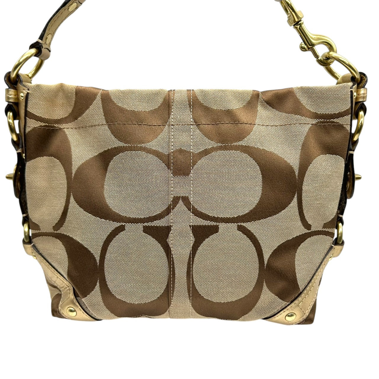 【美品】コーチ COACH ゾーイ ショルダーバッグ ハンドバッグ ホーボーバッグ 肩掛け シグネチャー オプアート キャンバス メタリックレザー ゴールド ベージュ レディース チャーム付 軽量 大容量 エレガント フェミニン デート お出かけ 総柄 E6