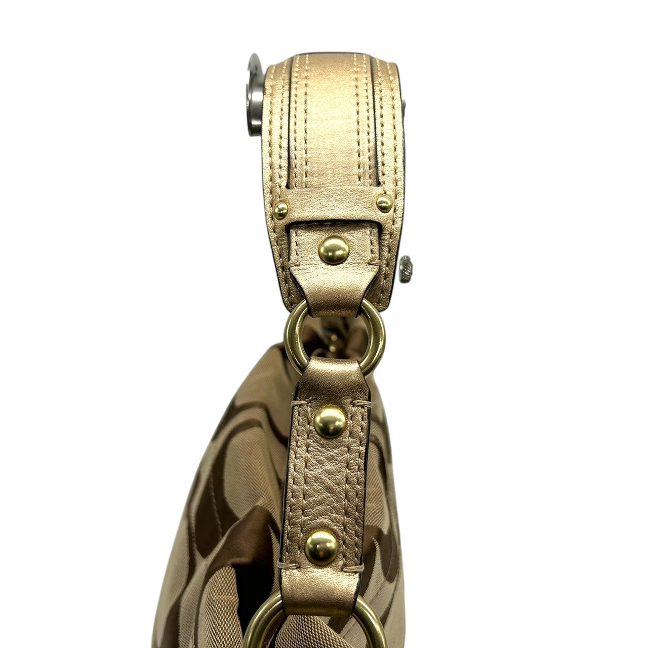 【美品】コーチ COACH ゾーイ ショルダーバッグ ハンドバッグ ホーボーバッグ 肩掛け シグネチャー オプアート キャンバス メタリックレザー ゴールド ベージュ レディース チャーム付 軽量 大容量 エレガント フェミニン デート お出かけ 総柄 E6