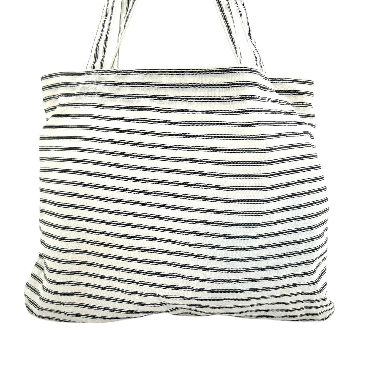 【美品】アニヤハインドマーチ ANYA HINDMARCH トートバッグ エコバッグ ショッピングバッグ 肩掛け A4収納可 キャンバス コットン ストライプ ボーダー アイボリー ブラック リボン ロゴ 刺繍 ロンドン レディース 軽量 薄型 スリム E8