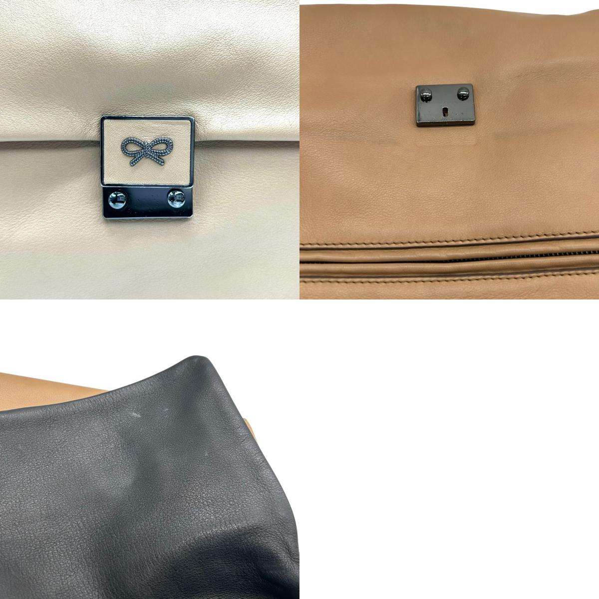 極 美品 アニヤハインドマーチ Anya Hindmarch ショルダーバッグ ハンドバッグ 2WAY 斜め掛け可 レザー 本革 ベージュ キャメル リボンロゴ エレガント クラシック レディース 肩掛け クロスボディ 通勤 通学 鞄 カバン 上品 高級 E8