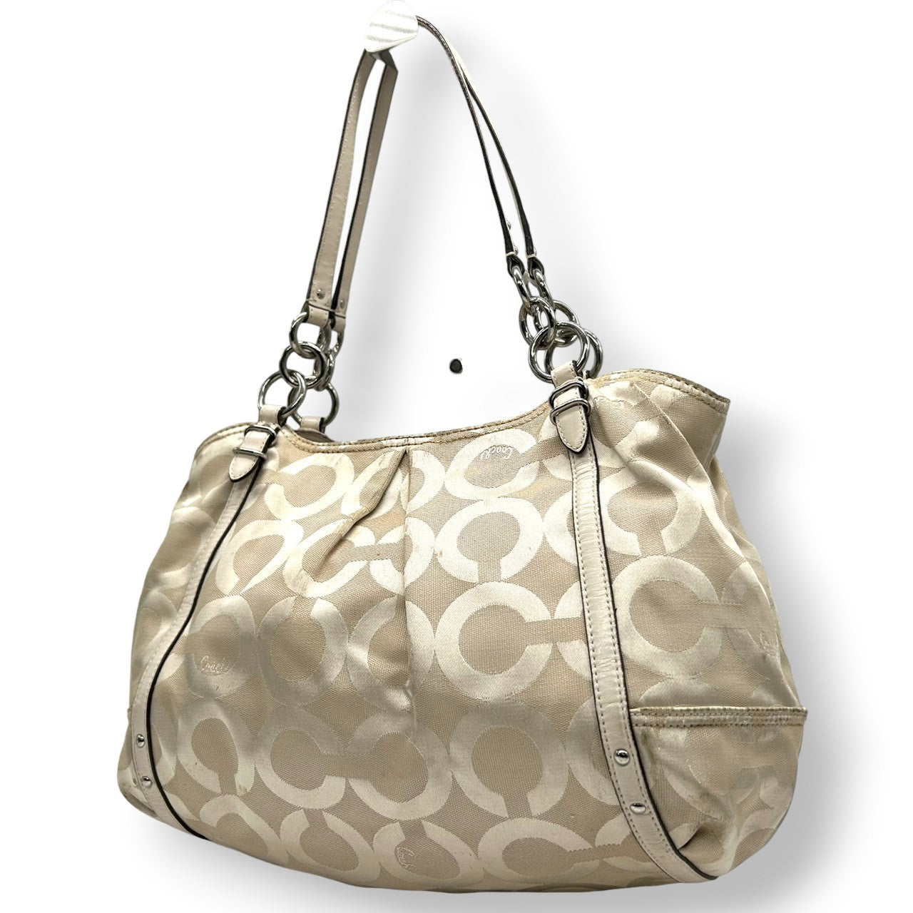 コーチ COACH アレクサンドラ 16233 マディソン オプアート トートバッグ ショルダーバッグ キャンバス レザー ベージュ アイボリー チェーン レディース 肩掛け ワンショルダー 大容量 エレガント ロゴ 鞄 カバン 通勤 通学 E8