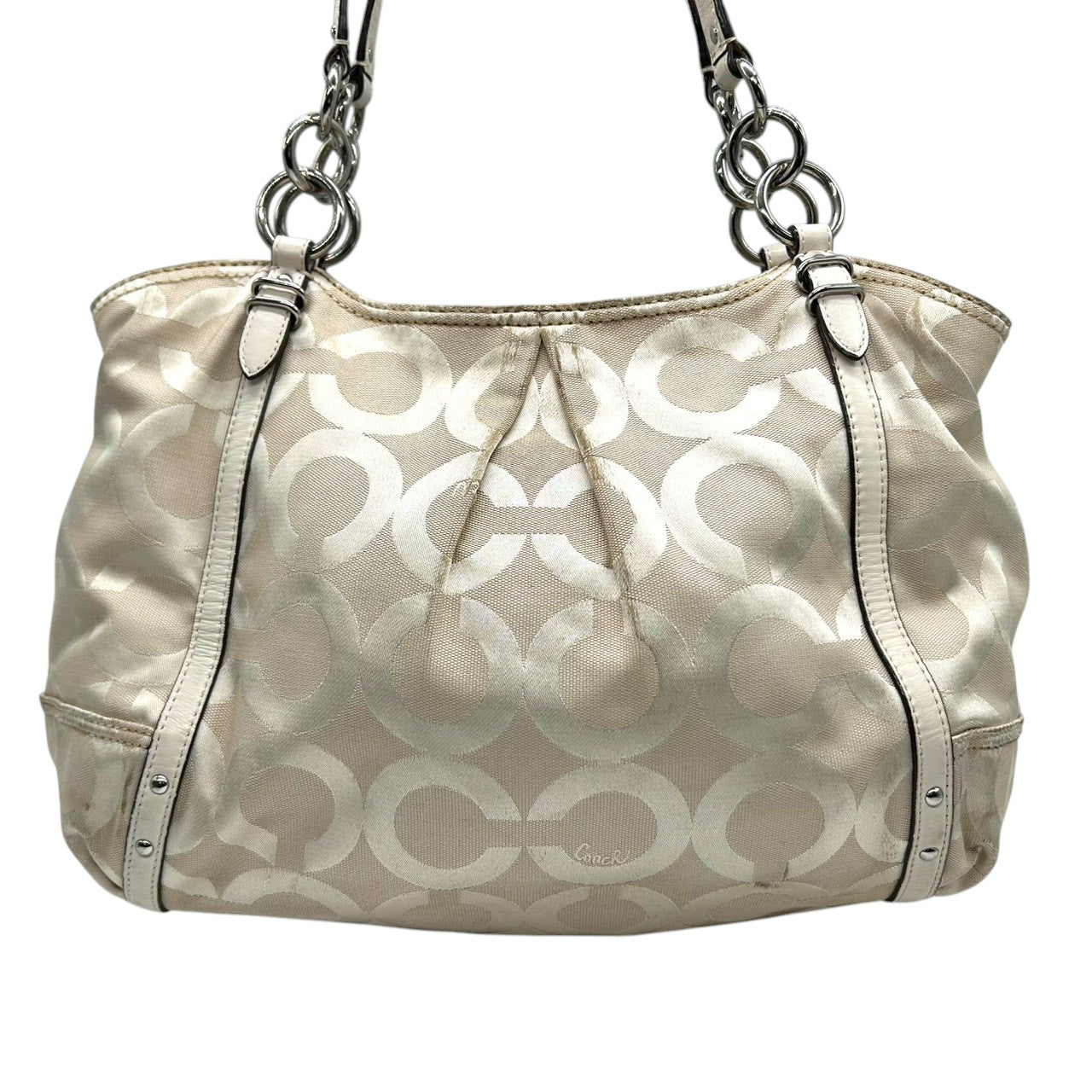 コーチ COACH アレクサンドラ 16233 マディソン オプアート トートバッグ ショルダーバッグ キャンバス レザー ベージュ アイボリー チェーン レディース 肩掛け ワンショルダー 大容量 エレガント ロゴ 鞄 カバン 通勤 通学 E8