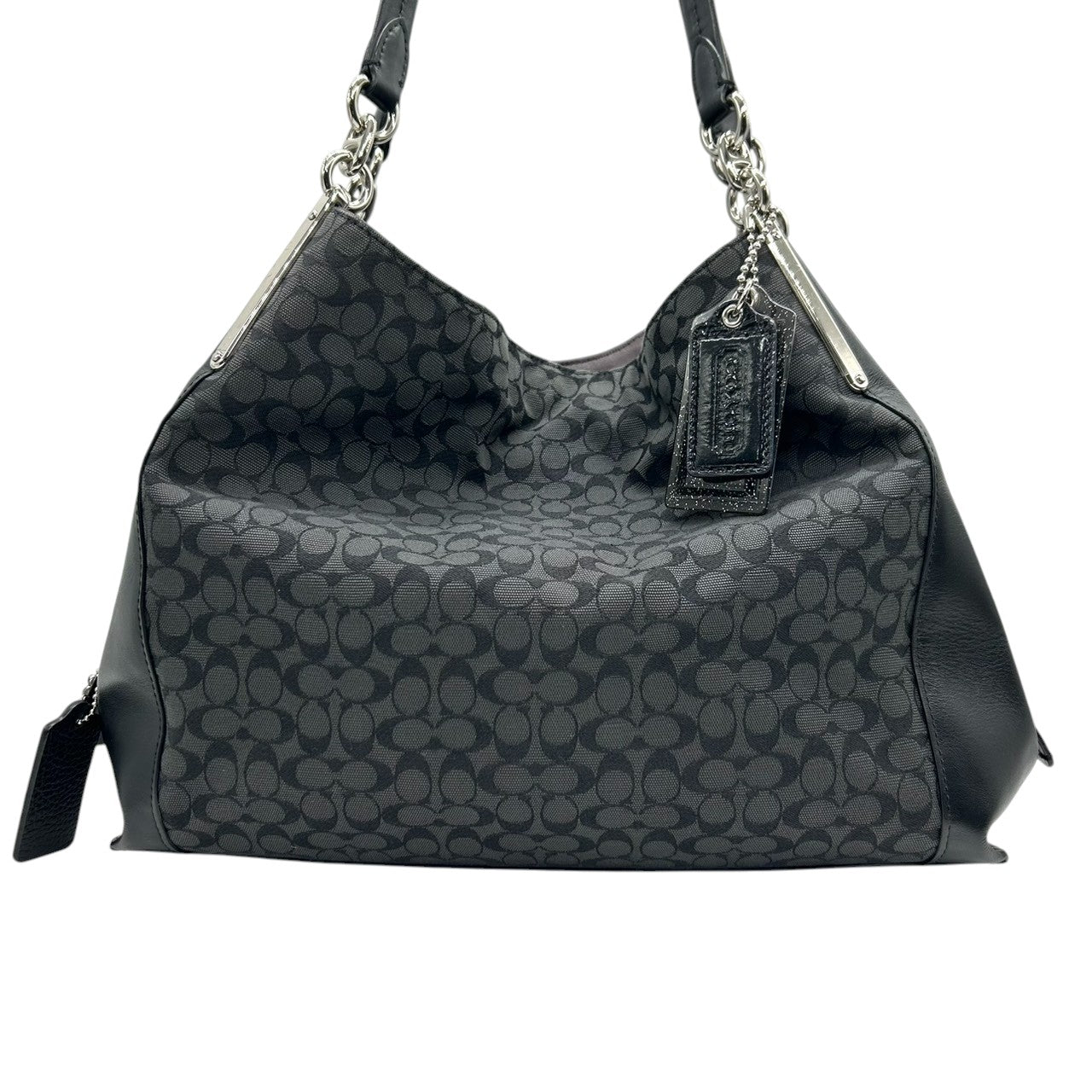 極 美品 コーチ COACH ダルトン 31 Dalton 79697 トートバッグ ショルダーバッグ シグネチャー キャンバス レザー ブラック グレー チェーン レディース 肩掛け A4収納可 鞄 s99