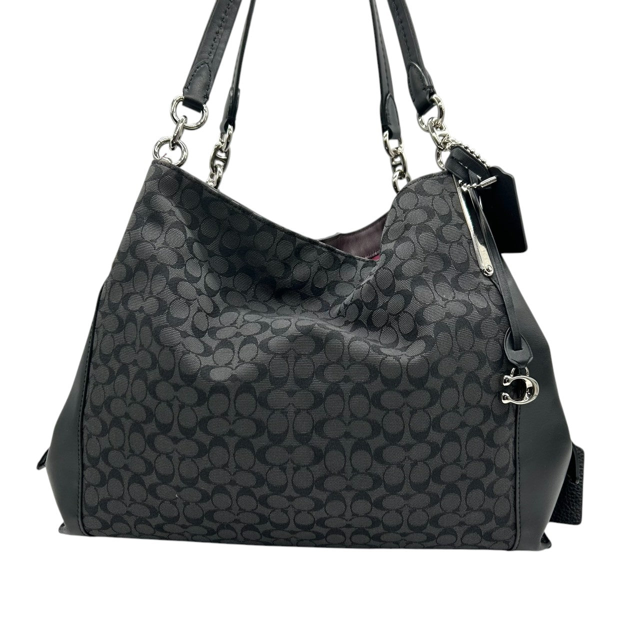 極 美品 コーチ COACH ダルトン 31 Dalton 79697 トートバッグ ショルダーバッグ シグネチャー キャンバス レザー ブラック グレー チェーン レディース 肩掛け A4収納可 鞄 s99