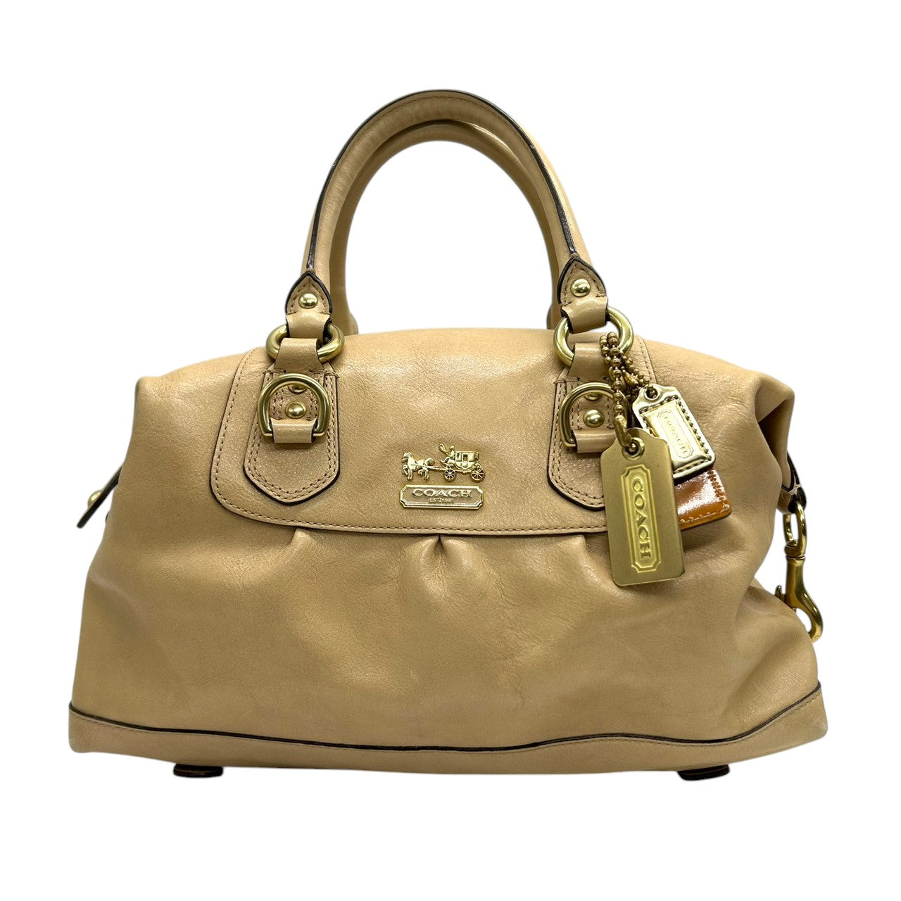 美品 コーチ COACH マディソン サブリナ 12937 ショルダーバッグ ハンドバッグ 2WAY ミニボストン ドクターズバッグ レザー 本革 ベージュ キャメル 馬車金具 ロゴチャーム レディース 肩掛け ワンショルダー 上品 高級 鞄 カバン s85