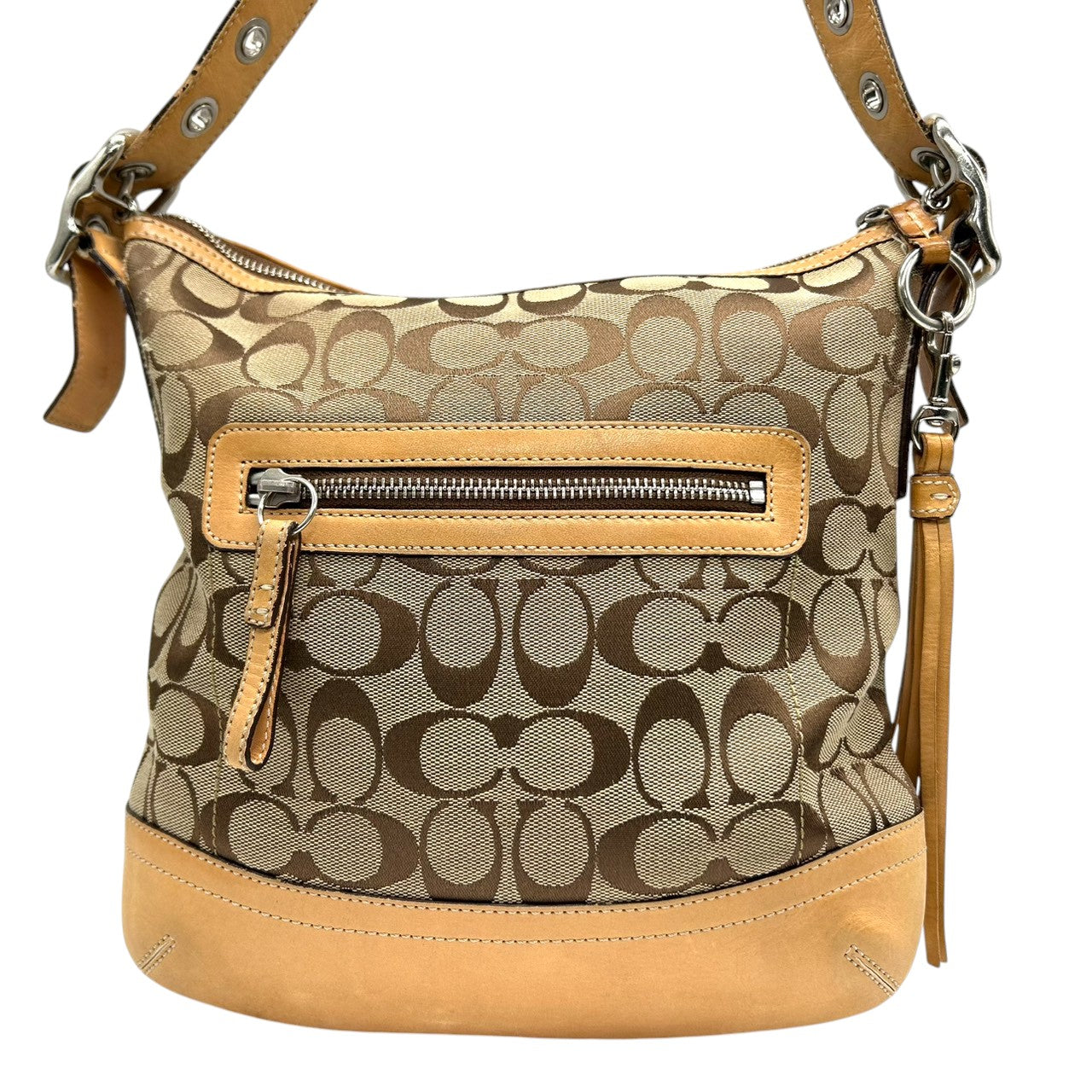 コーチ COACH シグネチャー ショルダーバッグ 9362 斜め掛け可 クロスボディ キャンバス レザー 本革 ベージュ ブラウン 茶 タッセル チャーム付 レディース 肩掛け ポシェット カジュアル 軽量 旅行 鞄 カバン s85