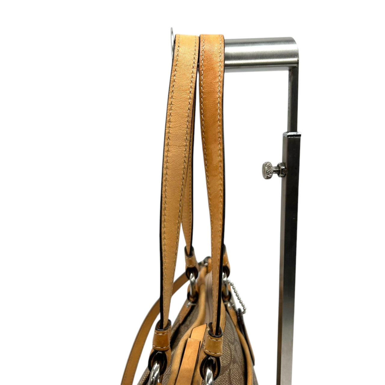 美品 コーチ COACH シグネチャー F20561 2WAY トートバッグ ショルダーバッグ ハンドバッグ 斜め掛け可 PVC レザー 本革 ベージュ ブラウン 茶 ロゴプレート レディース 軽量 撥水 肩掛け キャリーオール 鞄 カバン 通勤 通学 s85