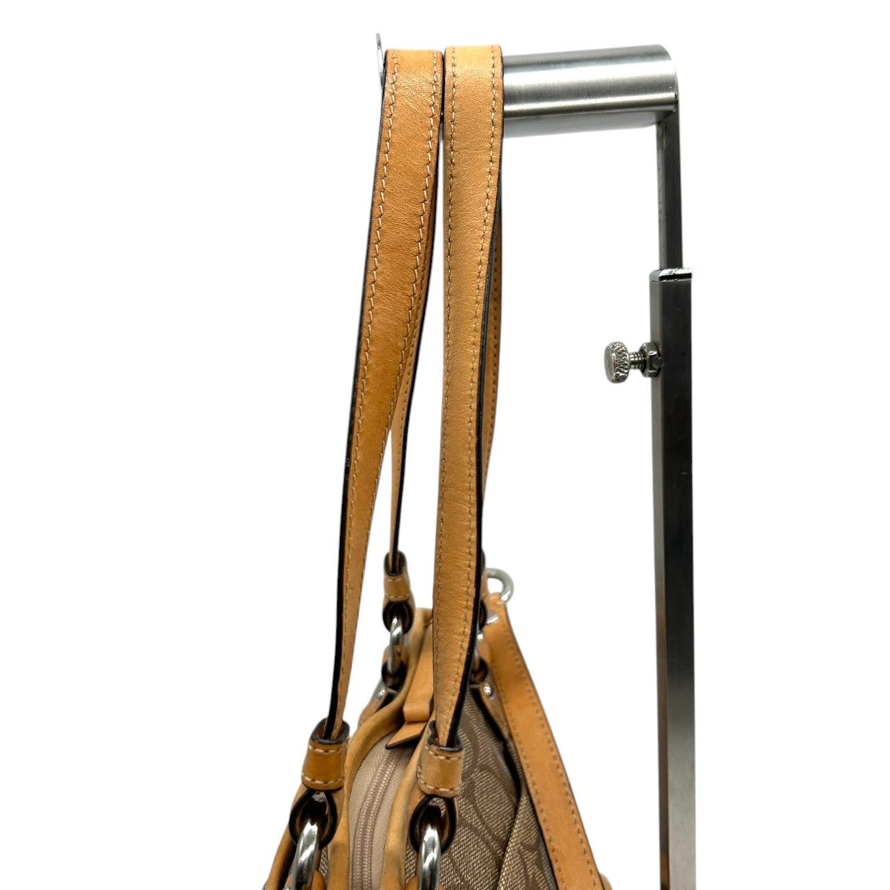 美品 コーチ COACH シグネチャー F20561 2WAY トートバッグ ショルダーバッグ ハンドバッグ 斜め掛け可 PVC レザー 本革 ベージュ ブラウン 茶 ロゴプレート レディース 軽量 撥水 肩掛け キャリーオール 鞄 カバン 通勤 通学 s85