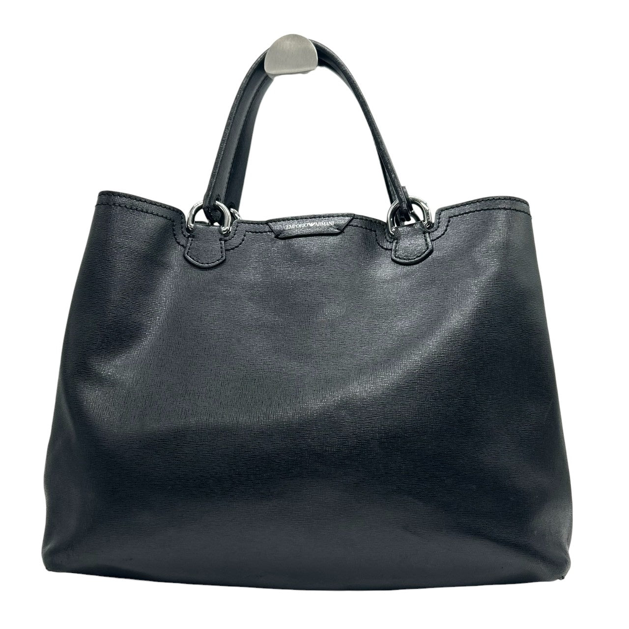 美品 エンポリオアルマーニ EMPORIO ARMANI トートバッグ ショルダーバッグ 2WAY 斜め掛け可 PVC サフィアーノ調 ブラック 黒 ロゴ A4収納可 自立可 ビジネス 通勤 通学 レディース 鞄 カバン 社外ストラップ s90