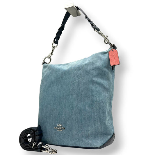 美品 コーチ COACH デニム 91452 ショルダーバッグ ハンドバッグ 2WAY 斜め掛け可 編み込みハンドル レザー 本革 ライトブルー ネイビー 紺 シルバー金具 馬車ロゴ レディース 肩掛け ワンショルダー A4収納可 軽量 鞄 カバン s57