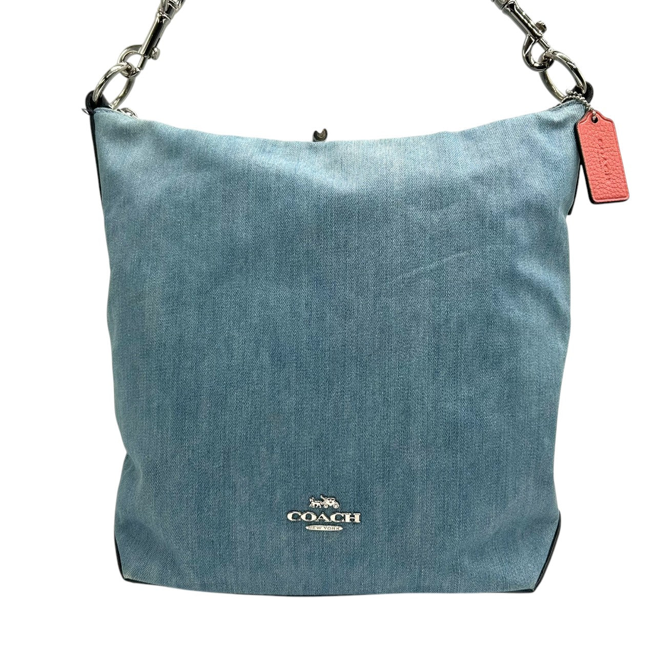 美品 コーチ COACH デニム 91452 ショルダーバッグ ハンドバッグ 2WAY 斜め掛け可 編み込みハンドル レザー 本革 ライトブルー ネイビー 紺 シルバー金具 馬車ロゴ レディース 肩掛け ワンショルダー A4収納可 軽量 鞄 カバン s57