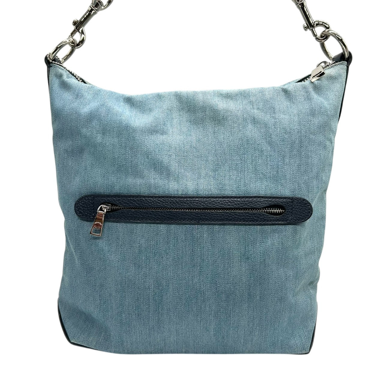 美品 コーチ COACH デニム 91452 ショルダーバッグ ハンドバッグ 2WAY 斜め掛け可 編み込みハンドル レザー 本革 ライトブルー ネイビー 紺 シルバー金具 馬車ロゴ レディース 肩掛け ワンショルダー A4収納可 軽量 鞄 カバン s57