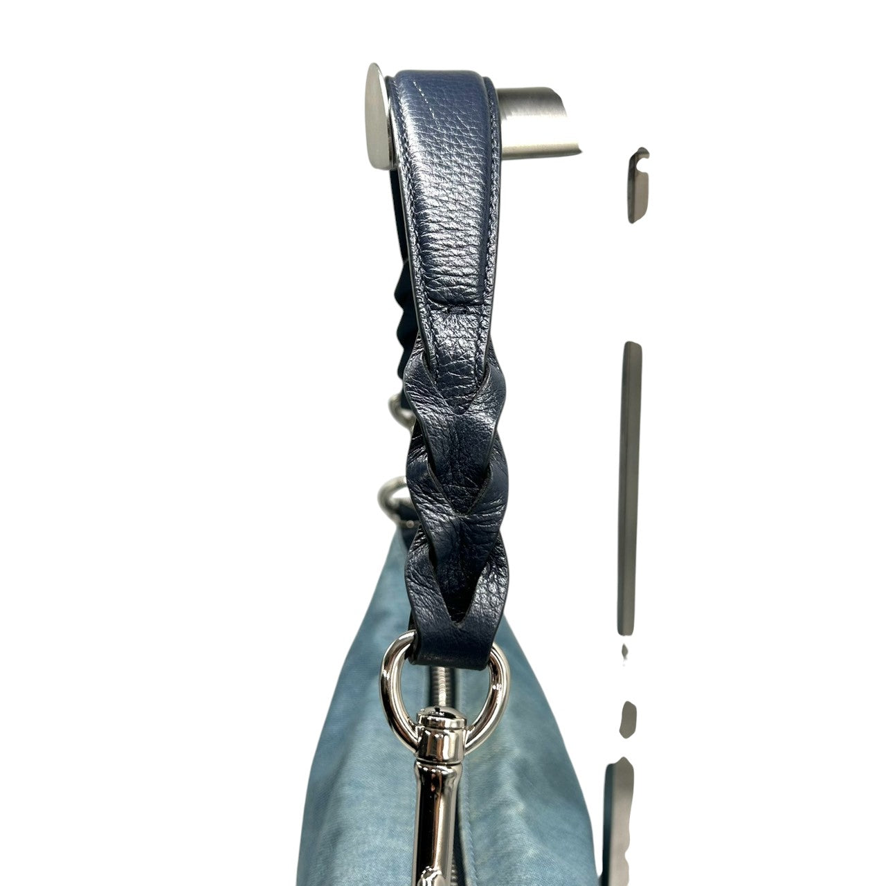 美品 コーチ COACH デニム 91452 ショルダーバッグ ハンドバッグ 2WAY 斜め掛け可 編み込みハンドル レザー 本革 ライトブルー ネイビー 紺 シルバー金具 馬車ロゴ レディース 肩掛け ワンショルダー A4収納可 軽量 鞄 カバン s57