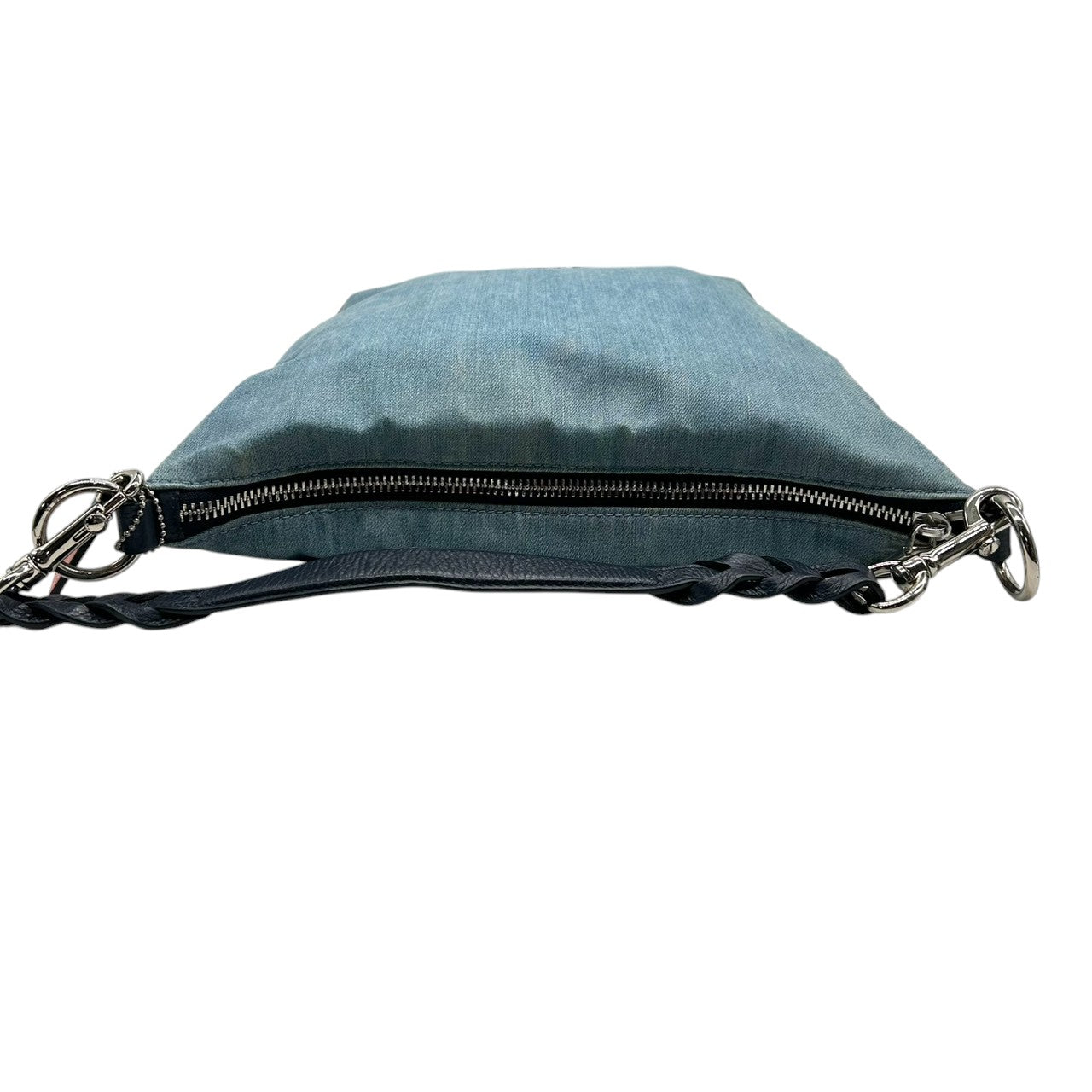 美品 コーチ COACH デニム 91452 ショルダーバッグ ハンドバッグ 2WAY 斜め掛け可 編み込みハンドル レザー 本革 ライトブルー ネイビー 紺 シルバー金具 馬車ロゴ レディース 肩掛け ワンショルダー A4収納可 軽量 鞄 カバン s57