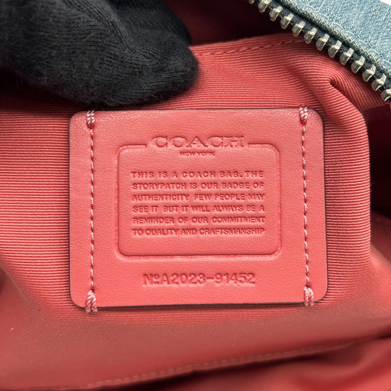 美品 コーチ COACH デニム 91452 ショルダーバッグ ハンドバッグ 2WAY 斜め掛け可 編み込みハンドル レザー 本革 ライトブルー ネイビー 紺 シルバー金具 馬車ロゴ レディース 肩掛け ワンショルダー A4収納可 軽量 鞄 カバン s57