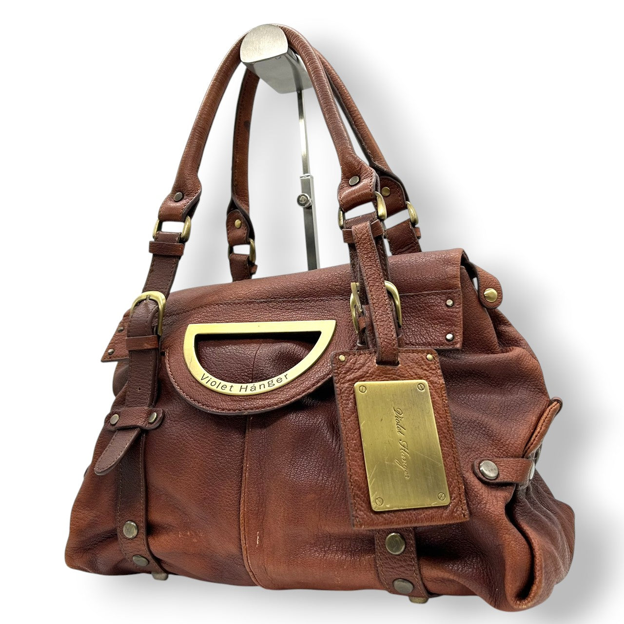 バイオレットハンガー Violet Hanger ハンドバッグ トートバッグ レザー 本革 ブラウン 茶 ゴールド金具 プレートチャーム付 スタッズ Dリング レディース マチ広 収納力 廃盤 希少 レア レトロ ビンテージ調 鞄 カバン s46