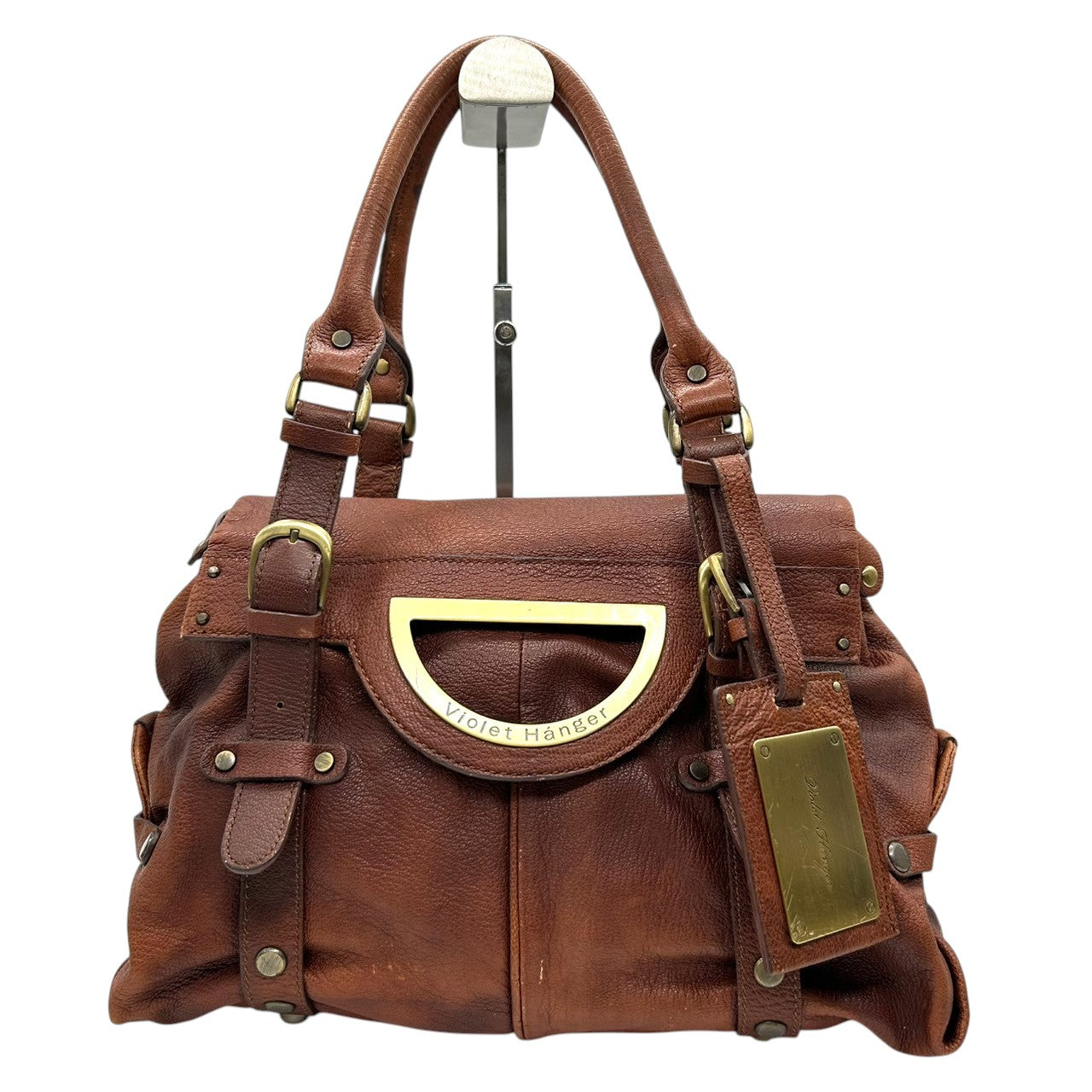 バイオレットハンガー Violet Hanger ハンドバッグ トートバッグ レザー 本革 ブラウン 茶 ゴールド金具 プレートチャーム付 スタッズ Dリング レディース マチ広 収納力 廃盤 希少 レア レトロ ビンテージ調 鞄 カバン s46