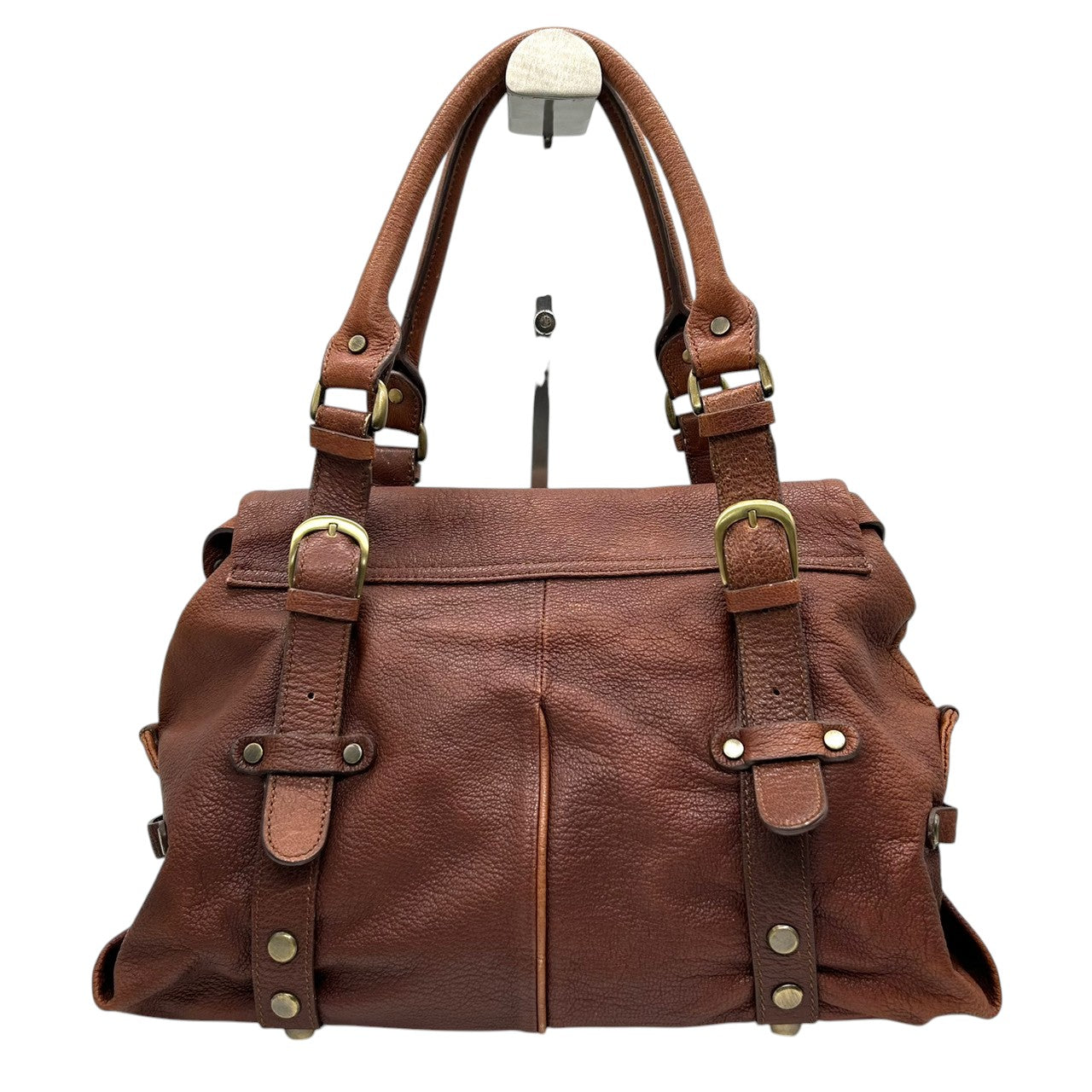 バイオレットハンガー Violet Hanger ハンドバッグ トートバッグ レザー 本革 ブラウン 茶 ゴールド金具 プレートチャーム付 スタッズ Dリング レディース マチ広 収納力 廃盤 希少 レア レトロ ビンテージ調 鞄 カバン s46