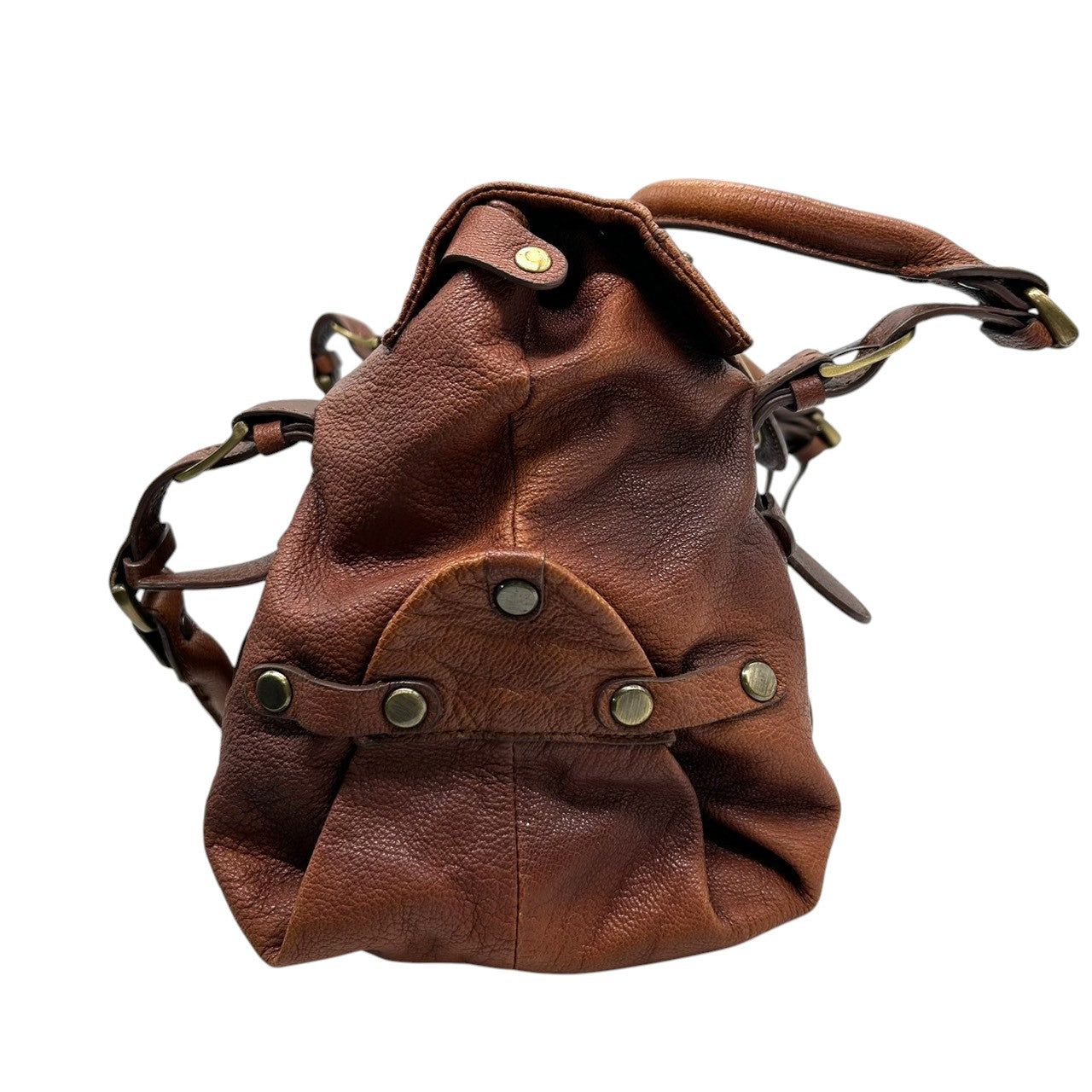 バイオレットハンガー Violet Hanger ハンドバッグ トートバッグ レザー 本革 ブラウン 茶 ゴールド金具 プレートチャーム付 スタッズ Dリング レディース マチ広 収納力 廃盤 希少 レア レトロ ビンテージ調 鞄 カバン s46