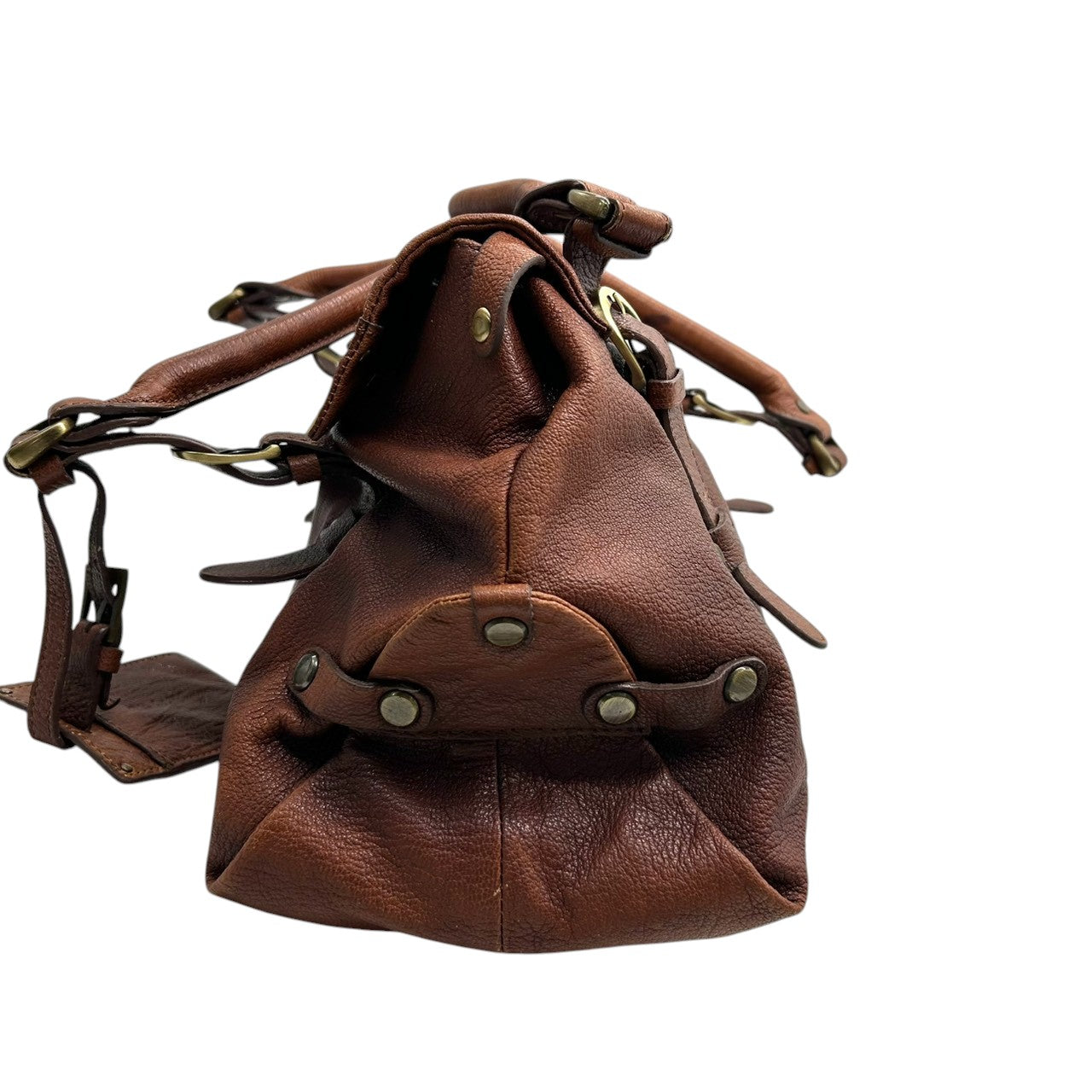 バイオレットハンガー Violet Hanger ハンドバッグ トートバッグ レザー 本革 ブラウン 茶 ゴールド金具 プレートチャーム付 スタッズ Dリング レディース マチ広 収納力 廃盤 希少 レア レトロ ビンテージ調 鞄 カバン s46