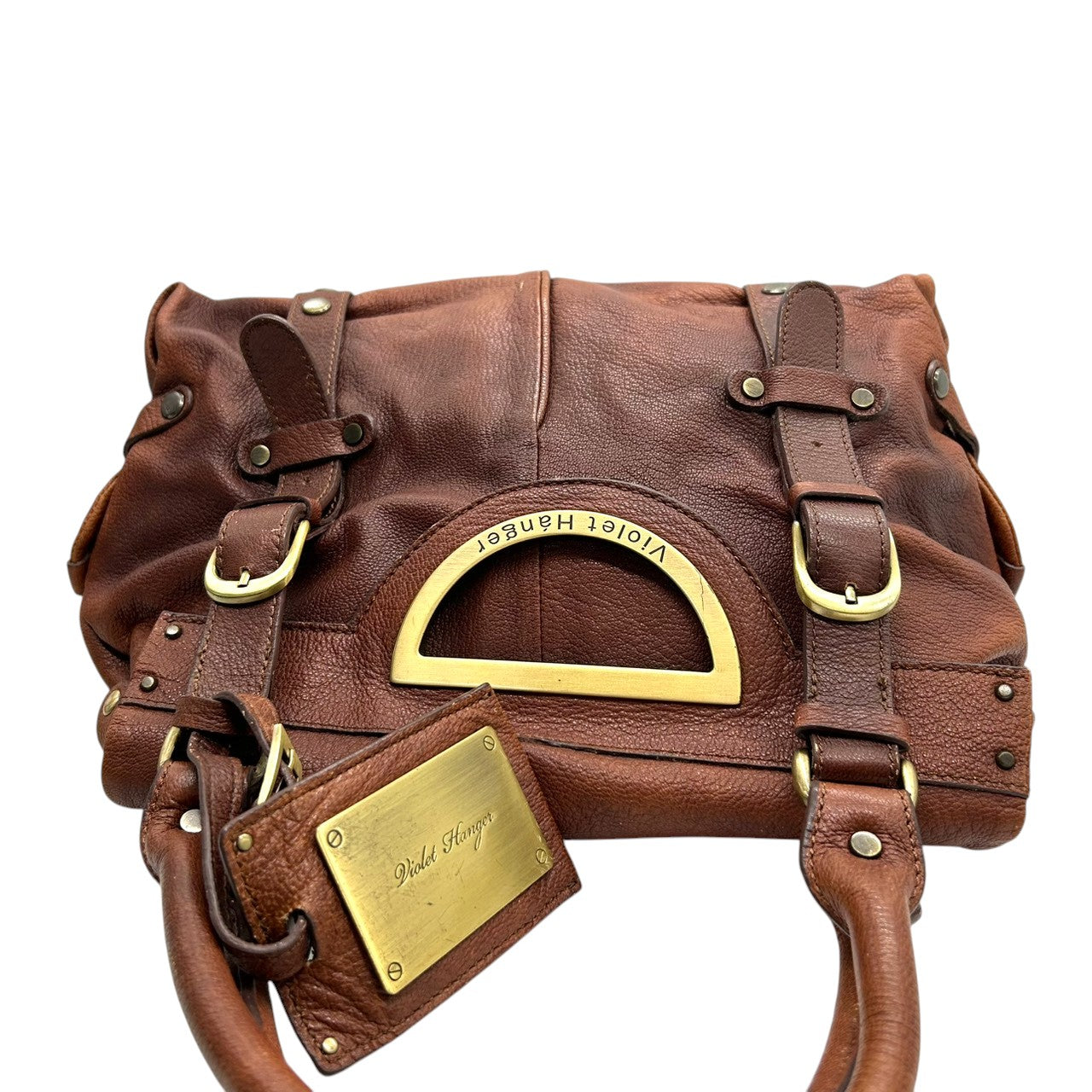 バイオレットハンガー Violet Hanger ハンドバッグ トートバッグ レザー 本革 ブラウン 茶 ゴールド金具 プレートチャーム付 スタッズ Dリング レディース マチ広 収納力 廃盤 希少 レア レトロ ビンテージ調 鞄 カバン s46