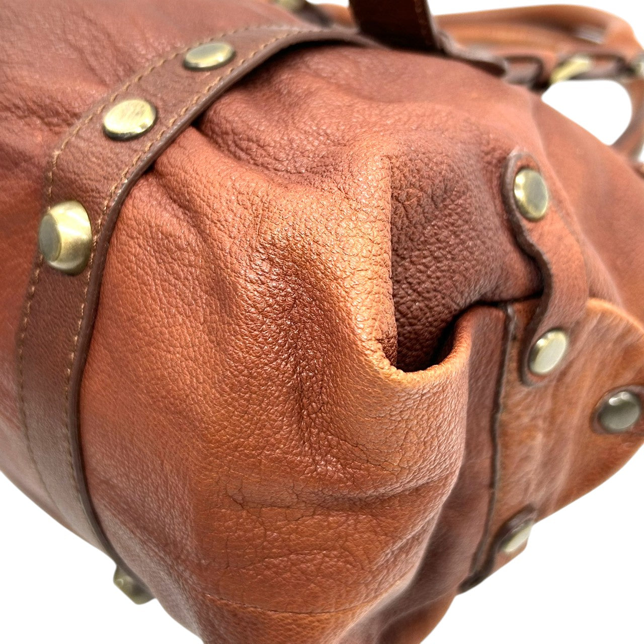 バイオレットハンガー Violet Hanger ハンドバッグ トートバッグ レザー 本革 ブラウン 茶 ゴールド金具 プレートチャーム付 スタッズ Dリング レディース マチ広 収納力 廃盤 希少 レア レトロ ビンテージ調 鞄 カバン s46