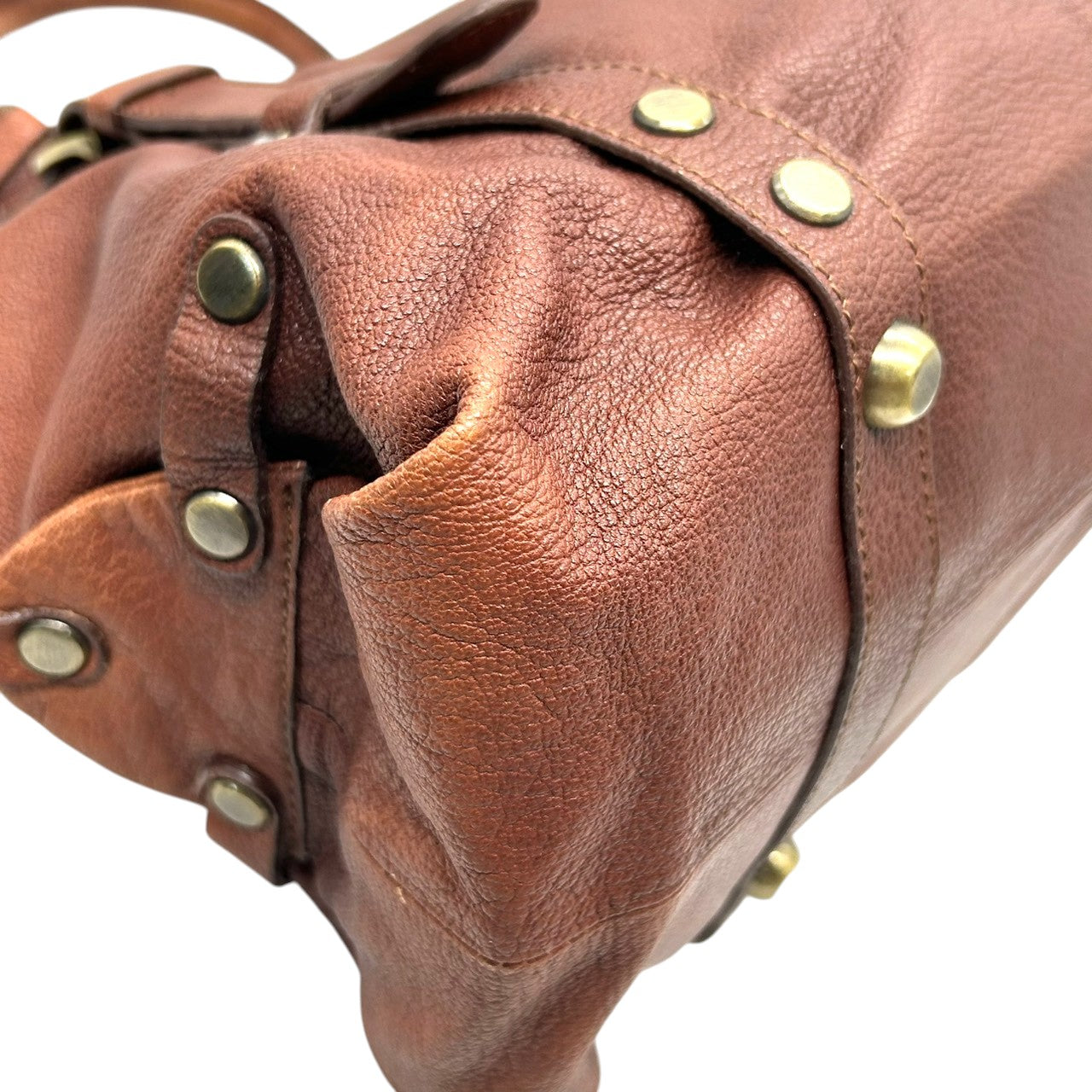 バイオレットハンガー Violet Hanger ハンドバッグ トートバッグ レザー 本革 ブラウン 茶 ゴールド金具 プレートチャーム付 スタッズ Dリング レディース マチ広 収納力 廃盤 希少 レア レトロ ビンテージ調 鞄 カバン s46