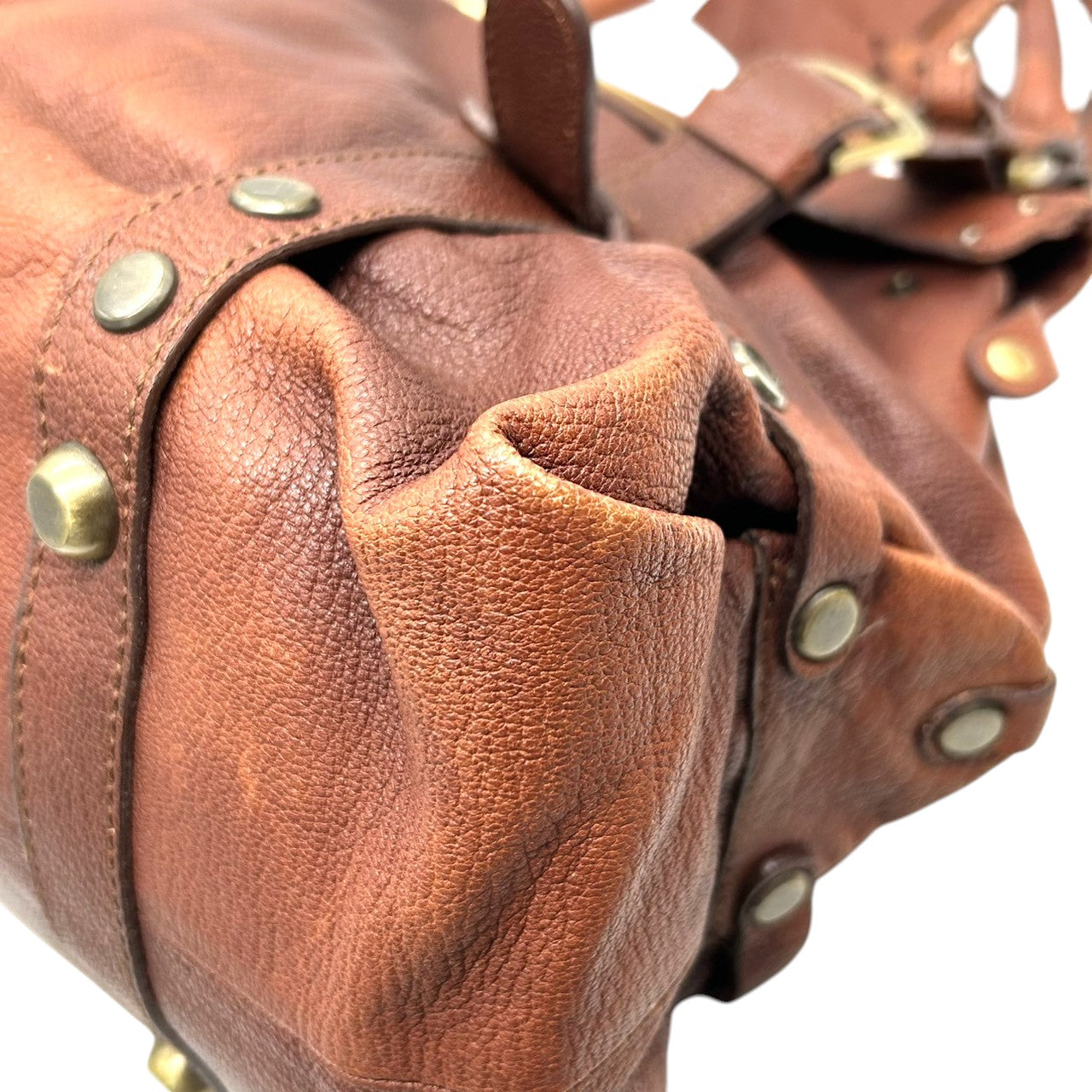 バイオレットハンガー Violet Hanger ハンドバッグ トートバッグ レザー 本革 ブラウン 茶 ゴールド金具 プレートチャーム付 スタッズ Dリング レディース マチ広 収納力 廃盤 希少 レア レトロ ビンテージ調 鞄 カバン s46