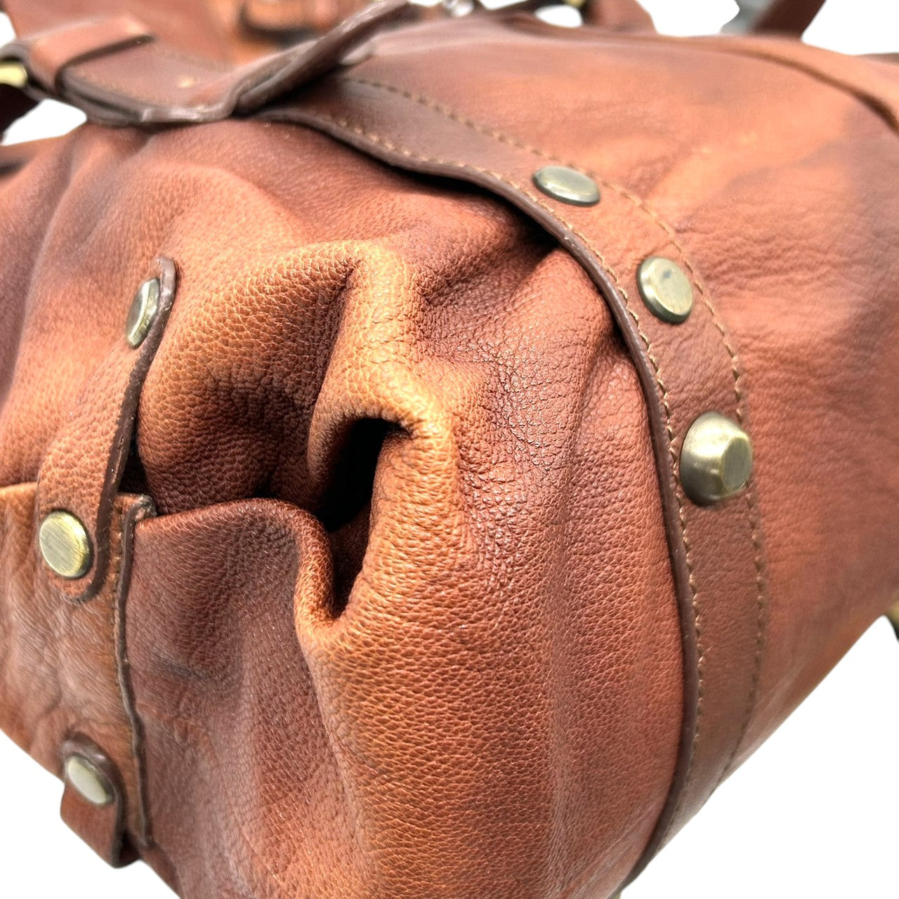 バイオレットハンガー Violet Hanger ハンドバッグ トートバッグ レザー 本革 ブラウン 茶 ゴールド金具 プレートチャーム付 スタッズ Dリング レディース マチ広 収納力 廃盤 希少 レア レトロ ビンテージ調 鞄 カバン s46