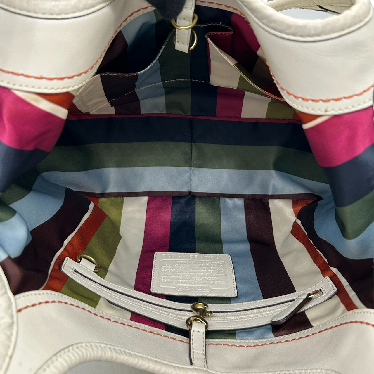 美品 コーチ COACH エルゴ 11615 トートバッグ ショルダーバッグ レザー 本革 ホワイト 白 アイボリー レガシーストライプ 裏地 肩掛け ワンショルダー 軽量 シボ革 上品 レディース 鞄 カバン 通勤 通学 s46