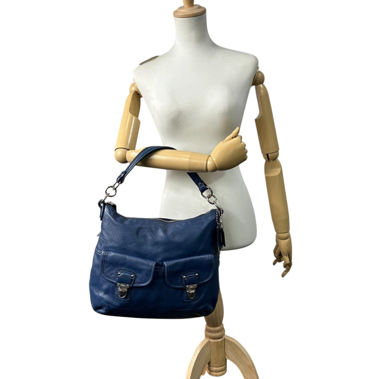 コーチ COACH パーク レザー ホーボー F23531 2WAY ショルダーバッグ ハンドバッグ 斜め掛け可 本革 ネイビー 紺 ブルー ダブルポケット シルバー金具 レディース 肩掛け ワンショルダー A4収納可 通勤 通学 鞄 カバン s38