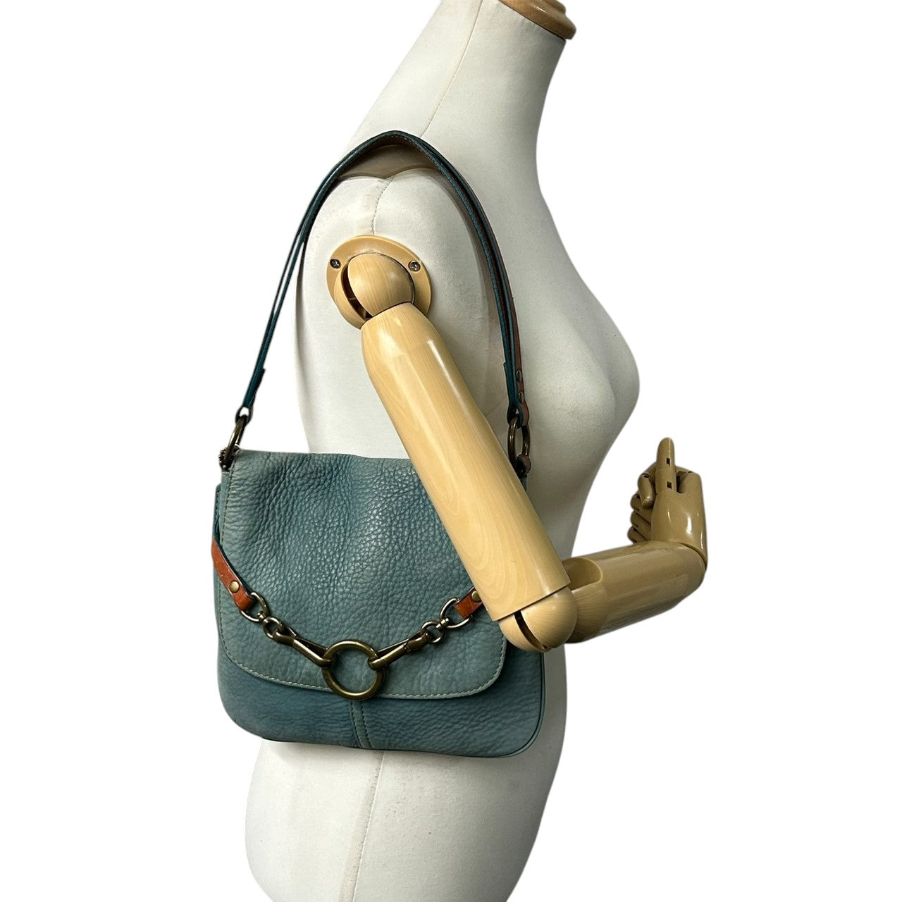 コーチ COACH 9387 ショルダーバッグ ワンショルダー ヌバック レザー 本革 ブルー ターコイズ 青 リング金具 チェーン 肩掛け ビンテージ レトロ 裏地ライムグリーン ネオンカラー レディース 鞄 カバン 希少 s38