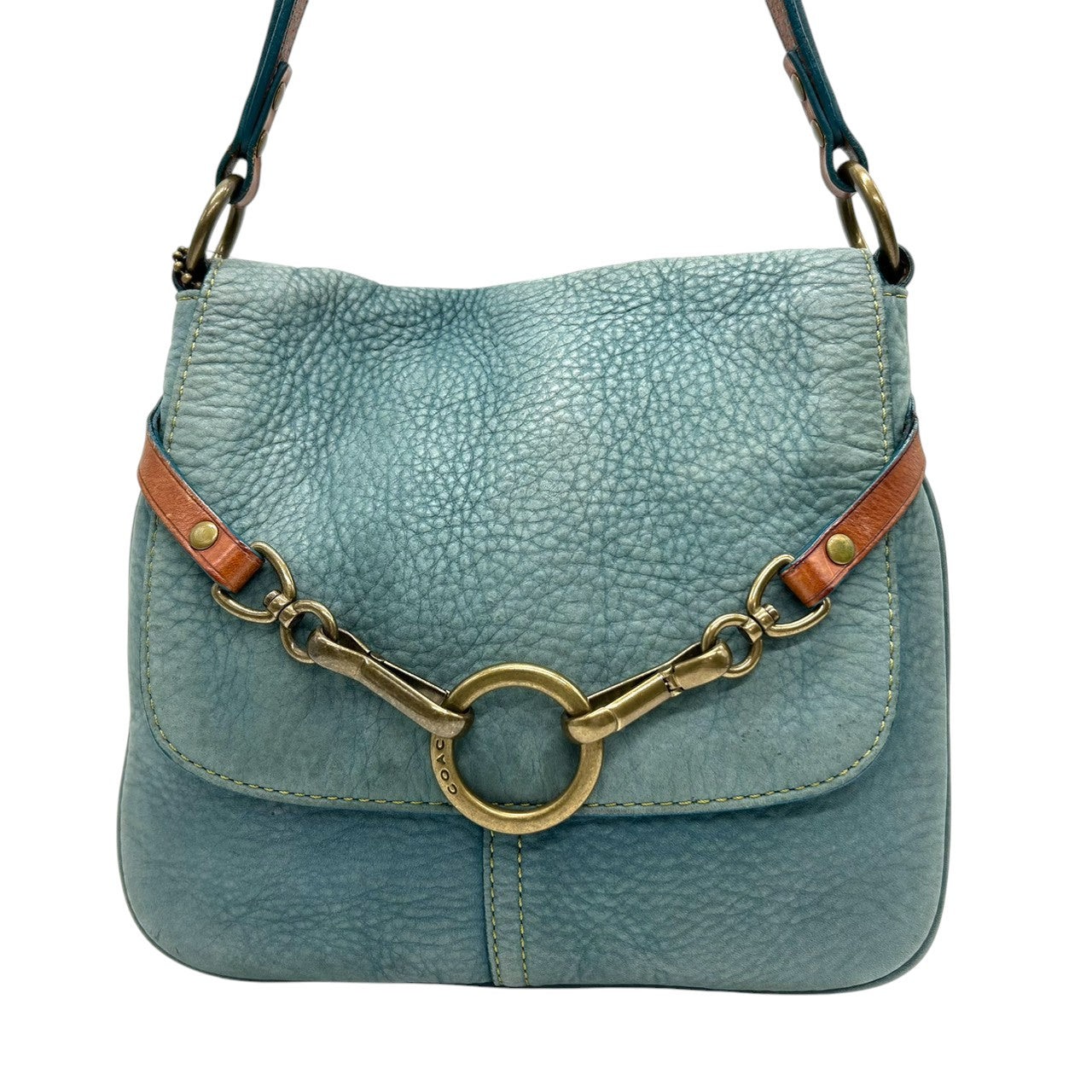 コーチ COACH 9387 ショルダーバッグ ワンショルダー ヌバック レザー 本革 ブルー ターコイズ 青 リング金具 チェーン 肩掛け ビンテージ レトロ 裏地ライムグリーン ネオンカラー レディース 鞄 カバン 希少 s38