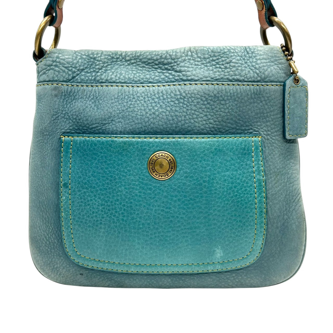 コーチ COACH 9387 ショルダーバッグ ワンショルダー ヌバック レザー 本革 ブルー ターコイズ 青 リング金具 チェーン 肩掛け ビンテージ レトロ 裏地ライムグリーン ネオンカラー レディース 鞄 カバン 希少 s38