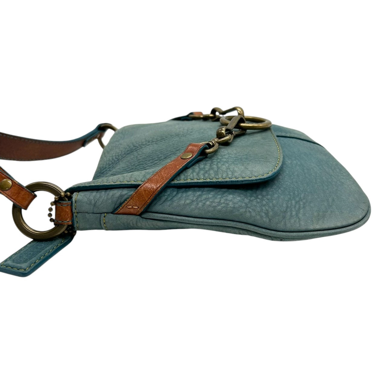 コーチ COACH 9387 ショルダーバッグ ワンショルダー ヌバック レザー 本革 ブルー ターコイズ 青 リング金具 チェーン 肩掛け ビンテージ レトロ 裏地ライムグリーン ネオンカラー レディース 鞄 カバン 希少 s38