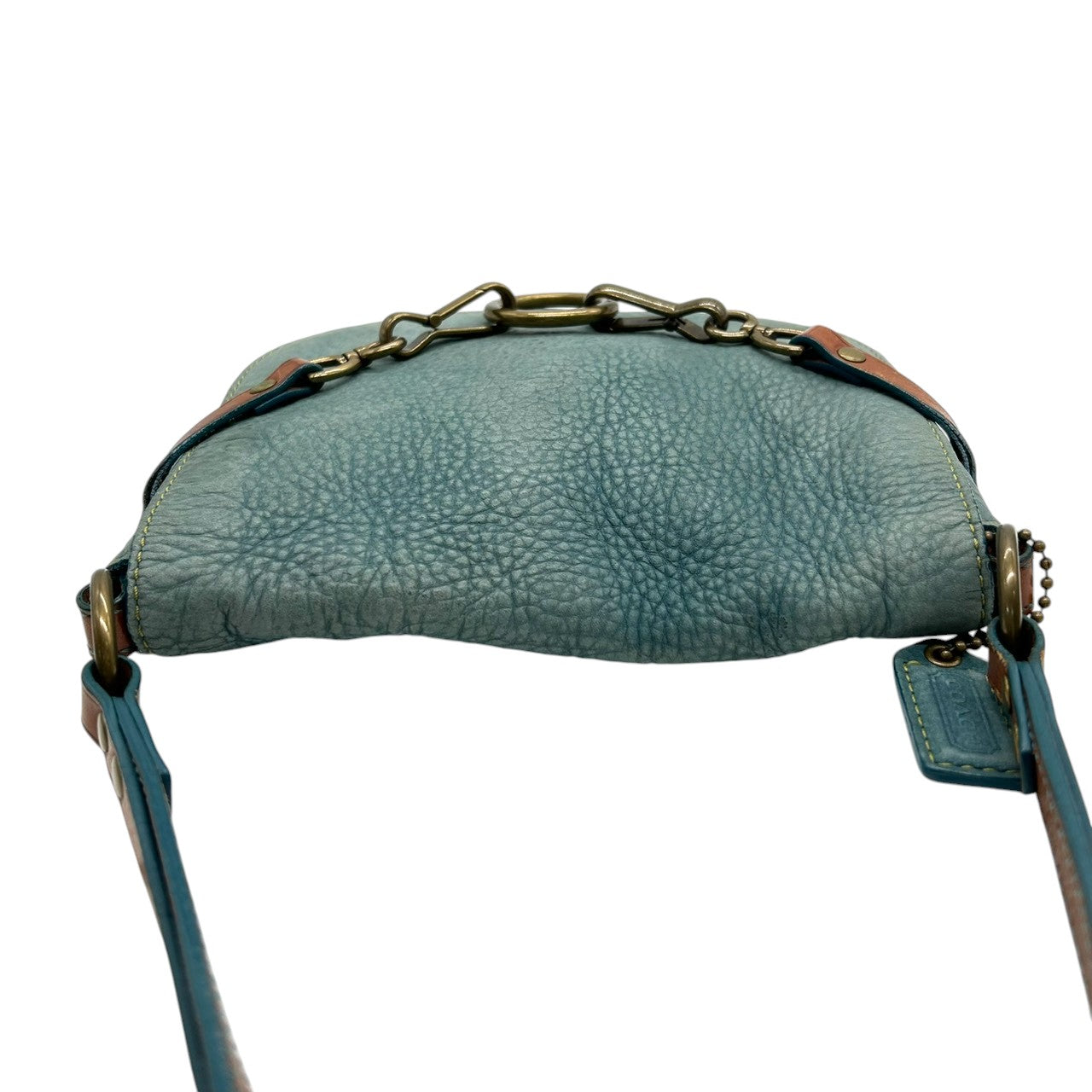 コーチ COACH 9387 ショルダーバッグ ワンショルダー ヌバック レザー 本革 ブルー ターコイズ 青 リング金具 チェーン 肩掛け ビンテージ レトロ 裏地ライムグリーン ネオンカラー レディース 鞄 カバン 希少 s38